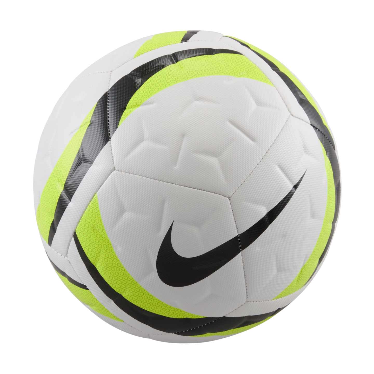 White Nike soccer ball with neon yellow and black curved accents and a large black swoosh, isolated on a black background.
