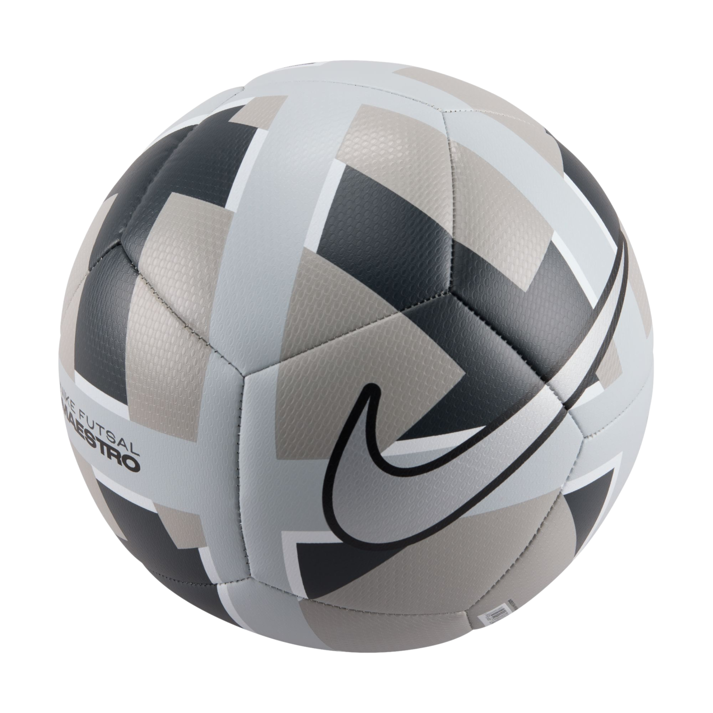 A Nike Futsal Maestro ball featuring a grey, black, and white geometric pattern and a large black swoosh logo.