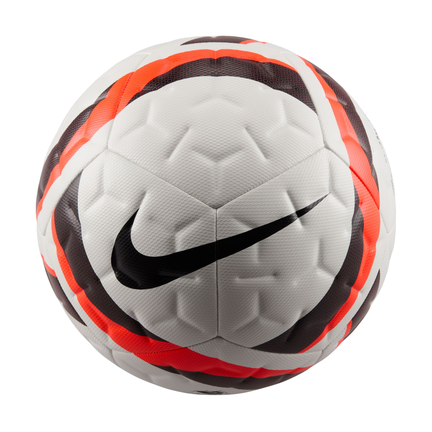 White Nike soccer ball with black and orange graphic patterns and a black swoosh. The ball has a textured geometric surface and is set against a solid black background.