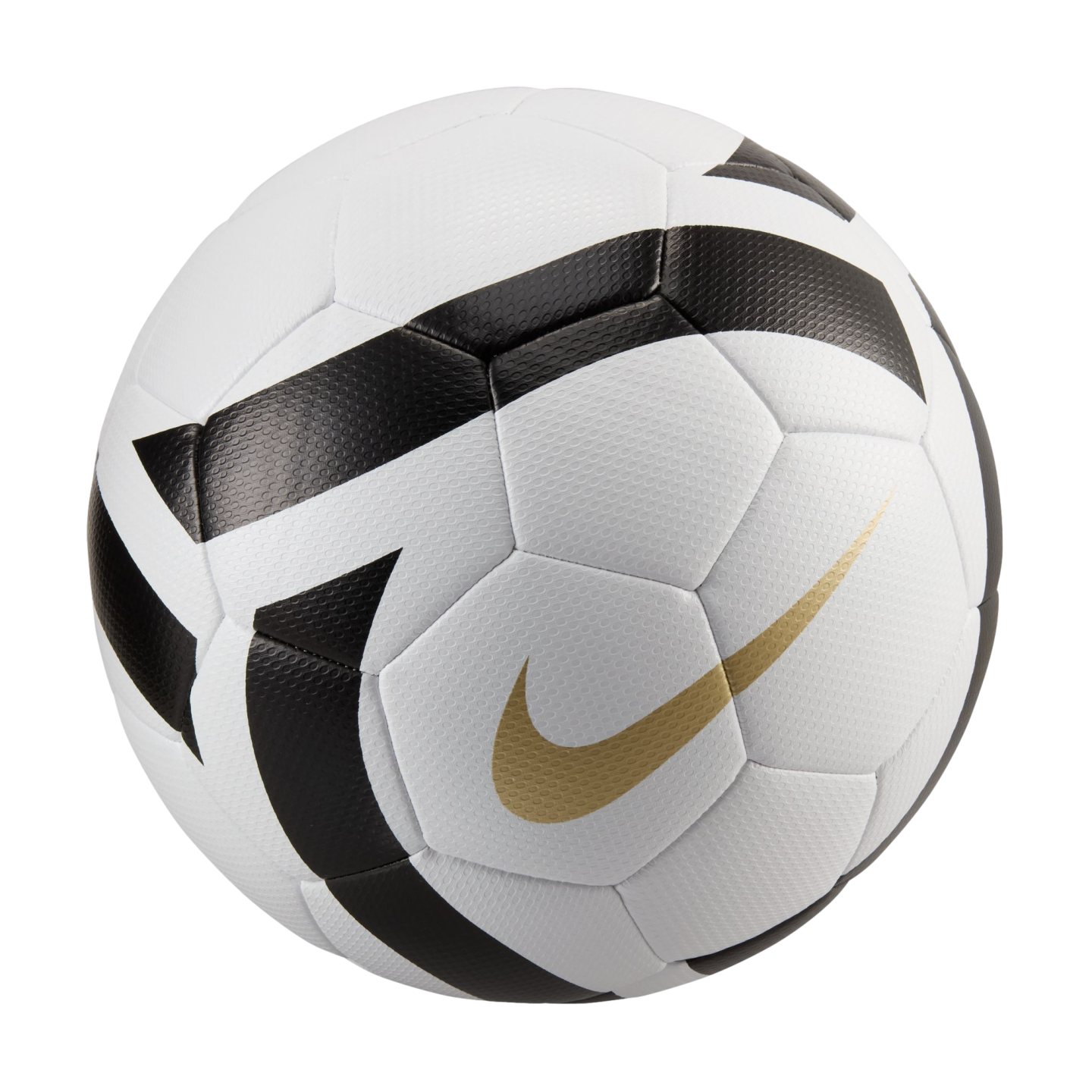 A white Nike soccer ball with bold black graphic patterns and a metallic gold swoosh logo, isolated on a black background.