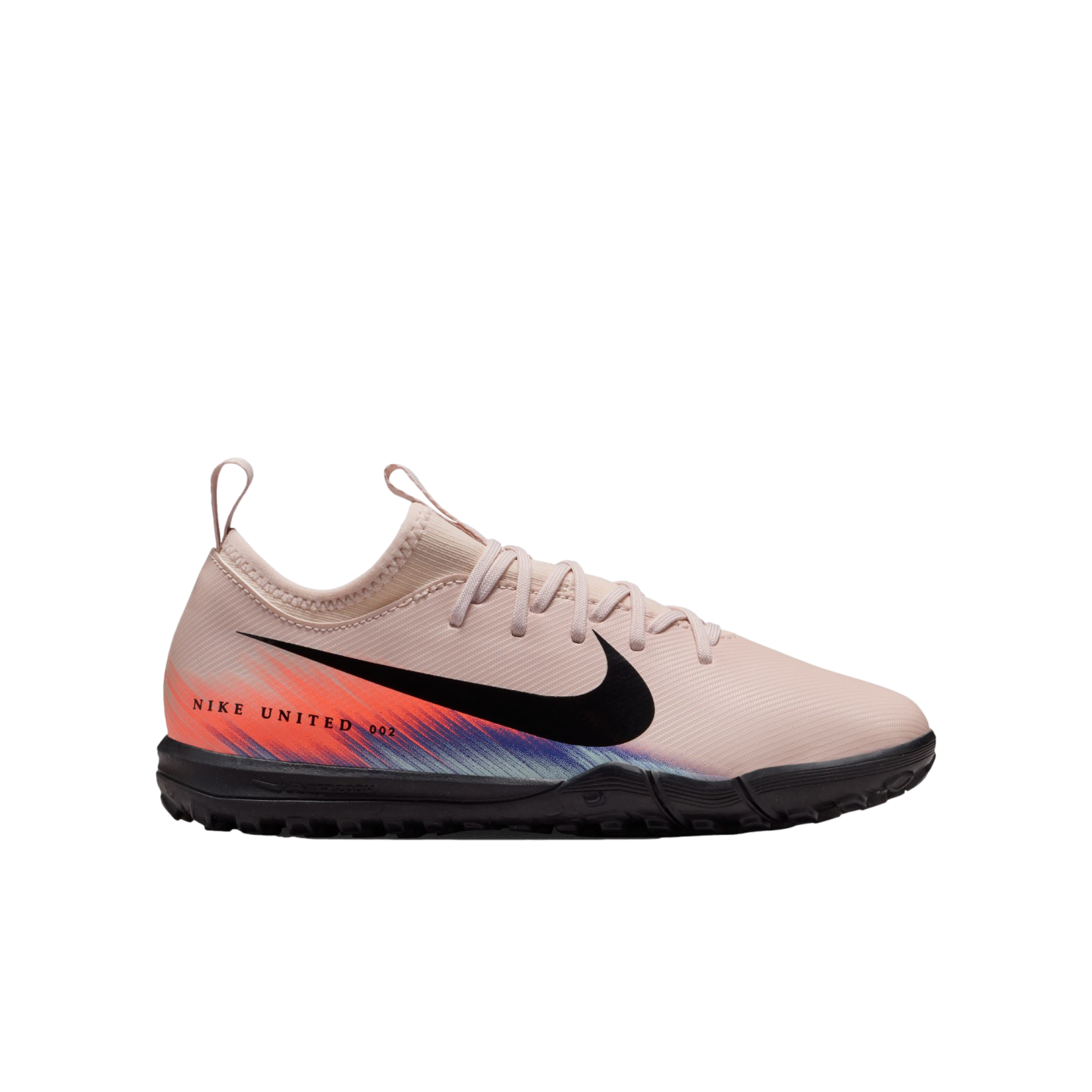 Side view of a light pink Nike soccer shoe with a black swoosh and a colorful graphic labeled "NIKE UNITED 002" against a black background.