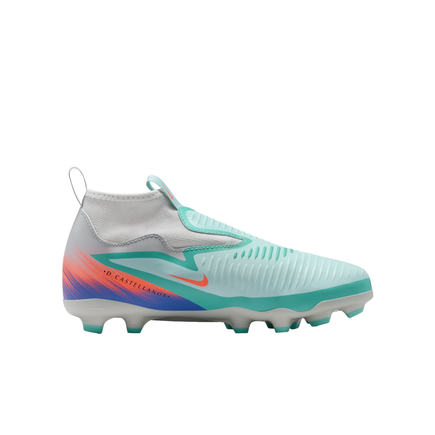 A mint green and white Nike laceless soccer cleat with an orange swoosh, purple heel accents, and "D. CASTELLANOS" printed on the side.