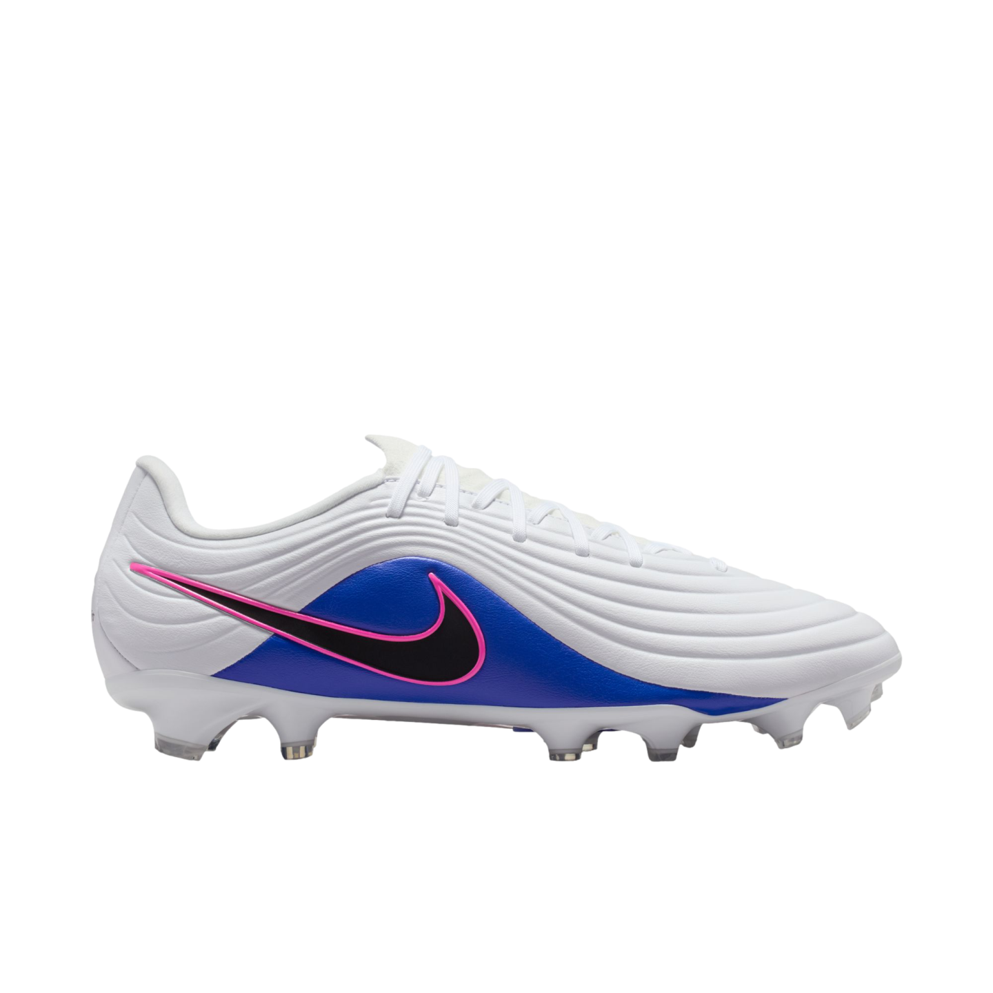 Side profile of a white Nike soccer cleat with a blue panel and a black swoosh outlined in pink against a black background.