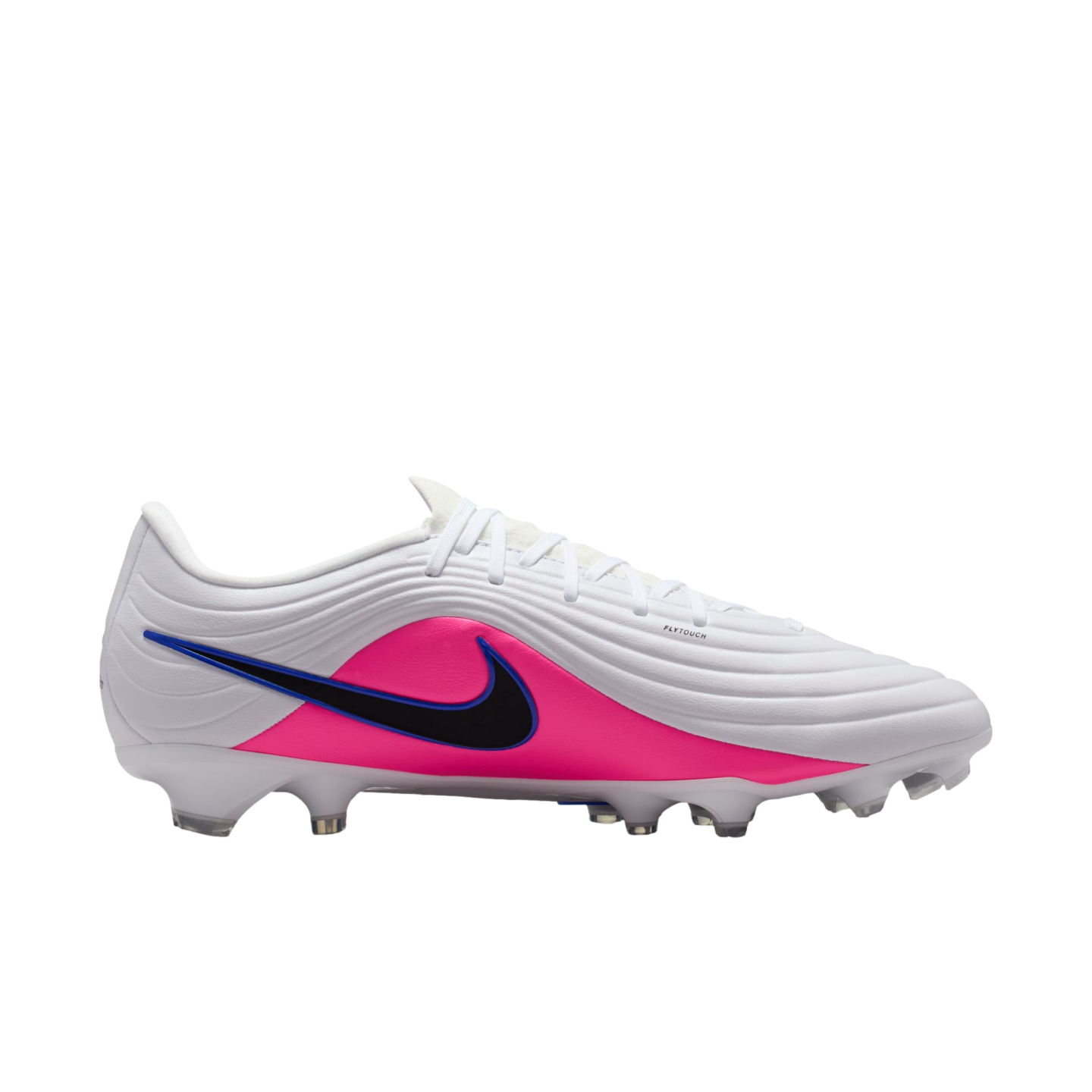 A white Nike soccer cleat with a bright pink midsection and a black swoosh outlined in blue. It features white laces and translucent studs, shown from a side profile against a black background.