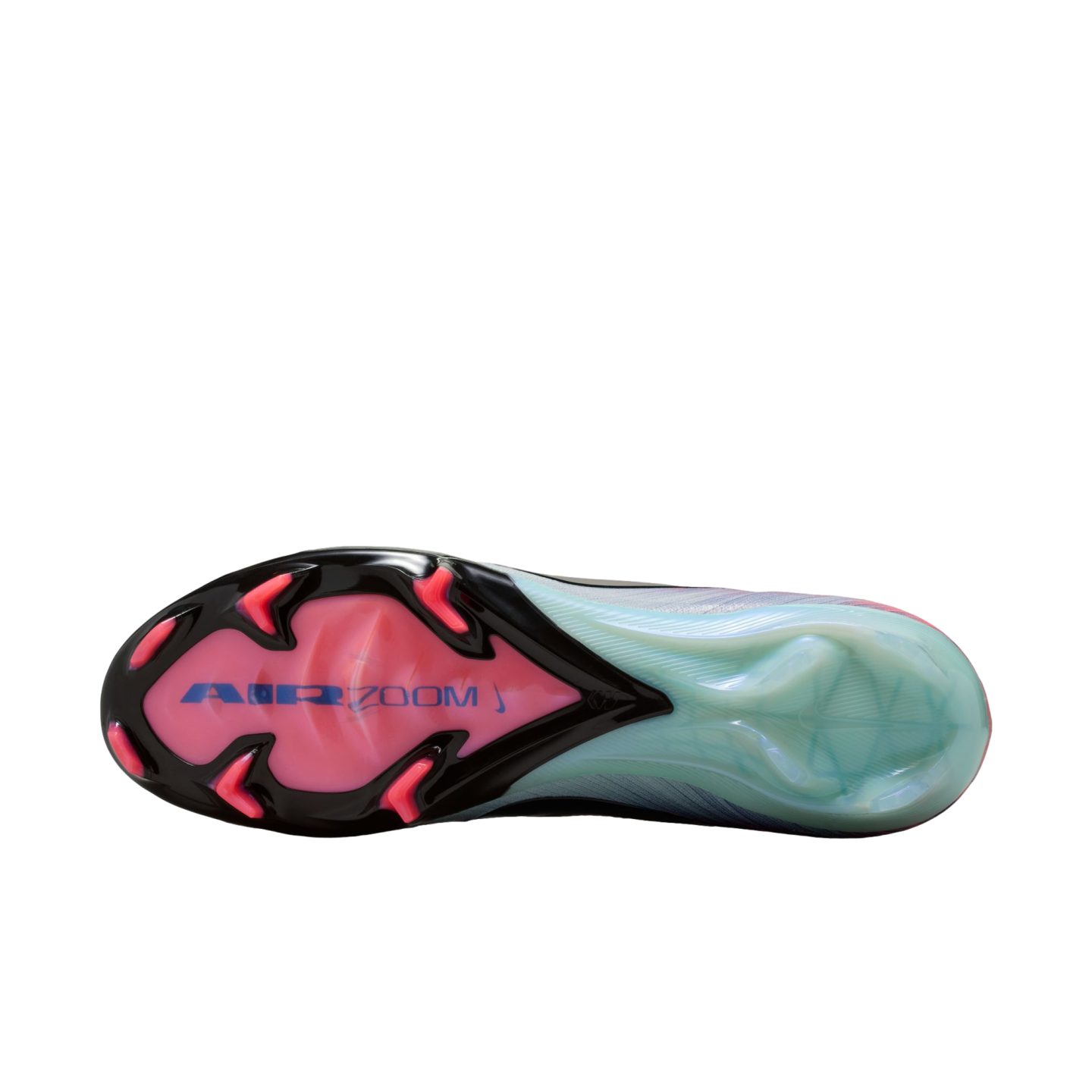 Sole of a Nike soccer cleat with a pink forefoot, blue "AIR ZOOM" text, and black/pink studs. The heel section is translucent light green.