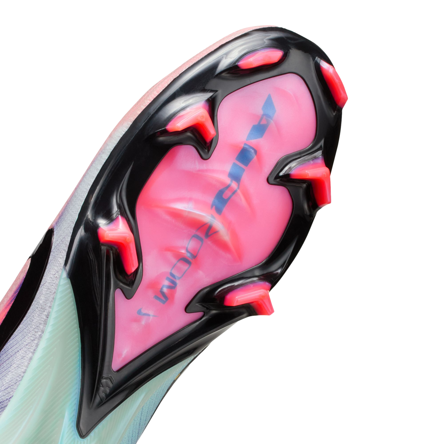 Close-up of a soccer cleat's soleplate featuring a pink "AIR ZOOM" unit, black frame, and bright pink studs.