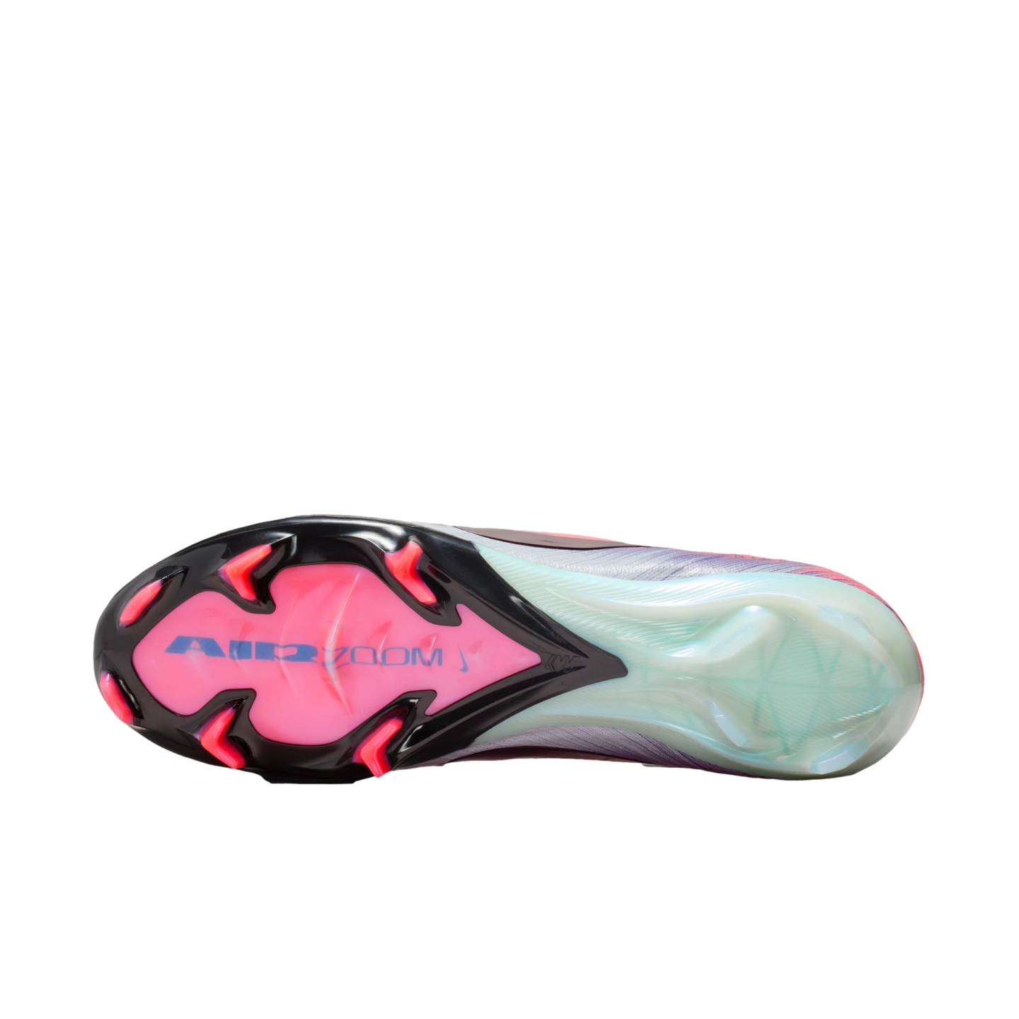 Underside of a soccer cleat soleplate with pink, black, and translucent blue accents, featuring pink bladed studs and "AIR ZOOM" branding.