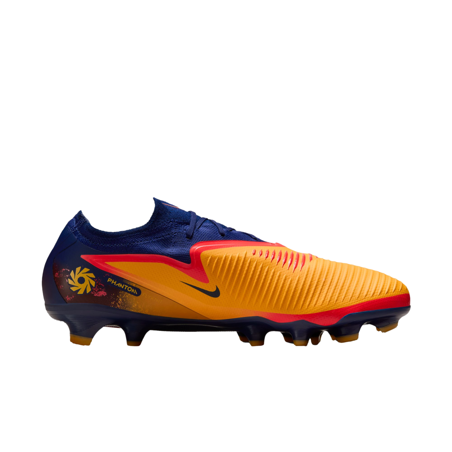Profile view of a blue and orange Nike Phantom soccer cleat with red accents, displayed against a solid black background.