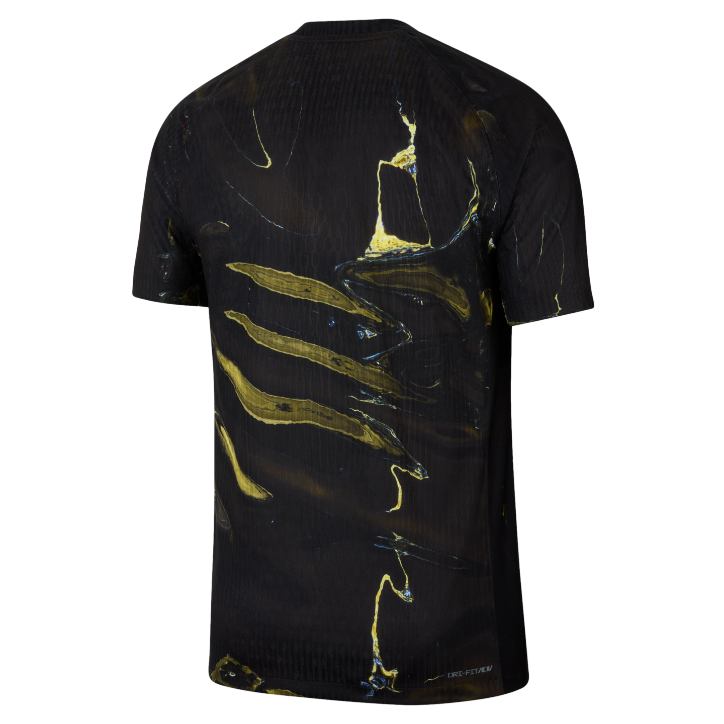 A back view of a black short-sleeved athletic shirt featuring a bold, abstract marbled pattern in shades of gold and yellow with subtle blue highlights.