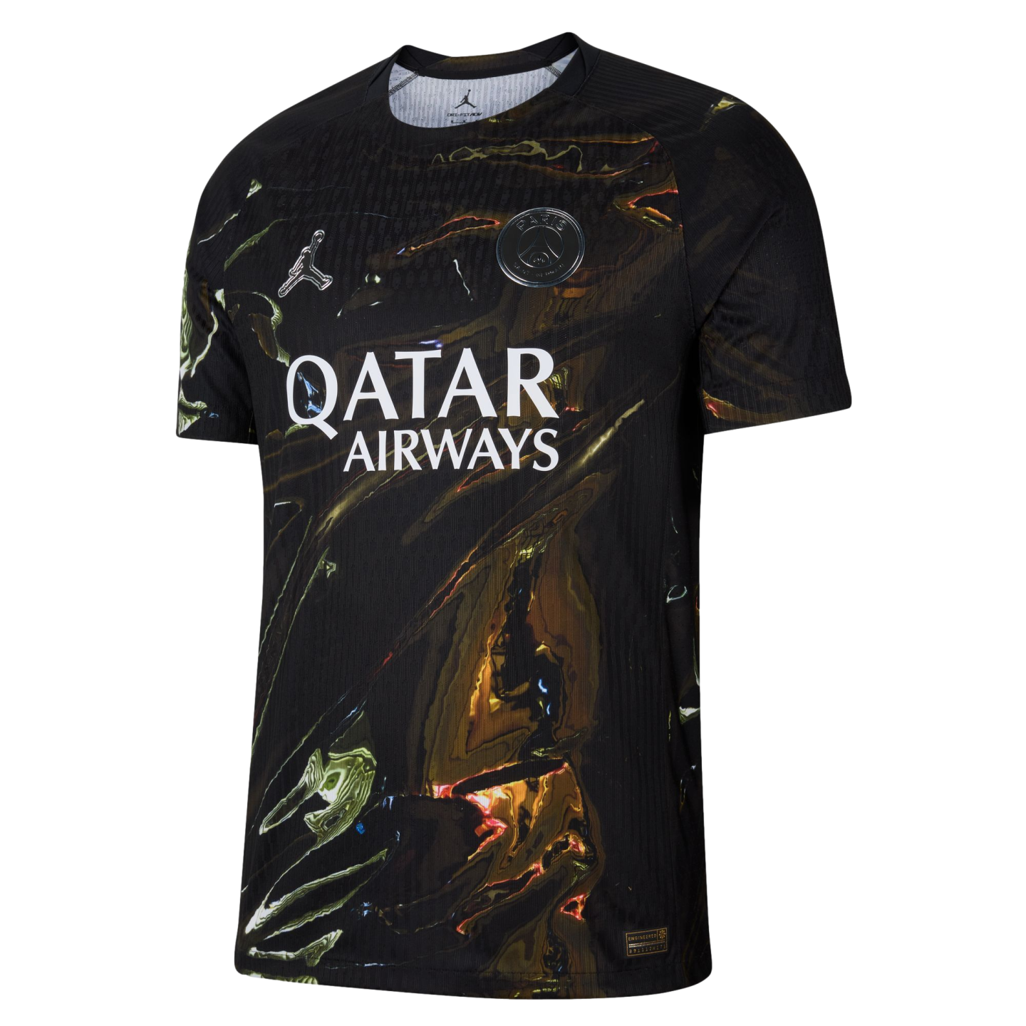 A black and gold Paris Saint-Germain soccer jersey with a marbled pattern, featuring the Jordan Jumpman logo, the PSG club crest, and "QATAR AIRWAYS" in white text across the chest.