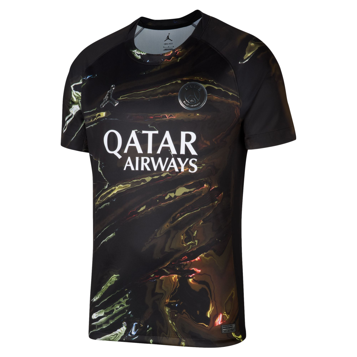 A short-sleeved Paris Saint-Germain soccer jersey by Jordan, featuring a black base with a swirling gold and brown marbled pattern, a white Qatar Airways sponsor logo, and silver team and brand logos.