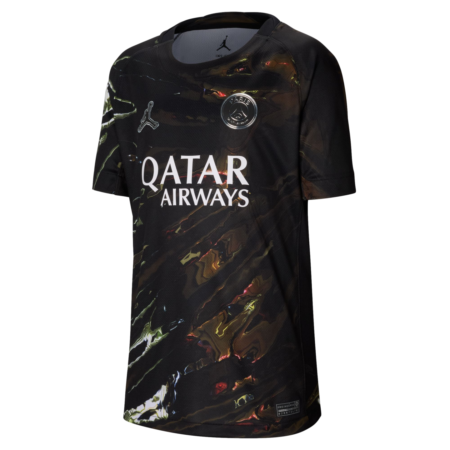 Black PSG soccer jersey with a dark marbled pattern, silver logos, and white "QATAR AIRWAYS" across the chest.