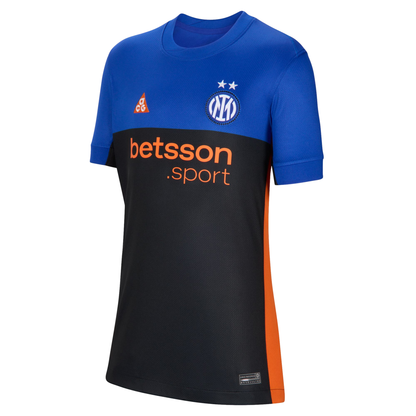 Inter Milan soccer jersey featuring a blue top, black bottom, and orange accents. Includes the club crest with two stars, an ACG logo, and "betsson .sport" sponsor text.