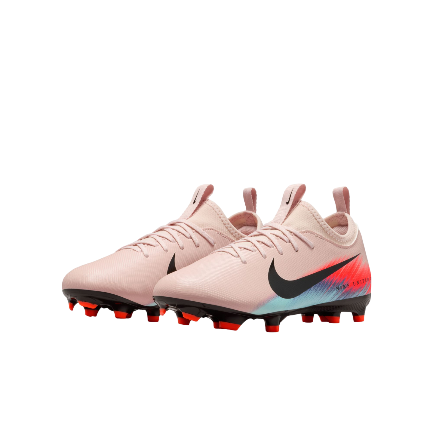Light pink Nike soccer cleats with a black swoosh, multi-colored heel graphic, and orange studs on a black background.