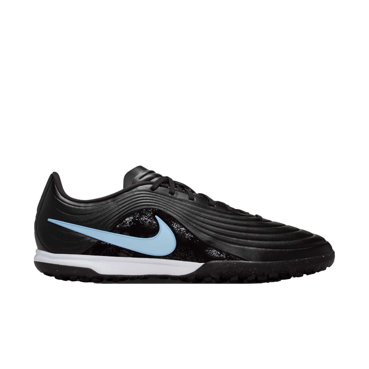 Side view of a black Nike soccer shoe featuring a light blue swoosh, ridged upper, and white midsole against a black background.