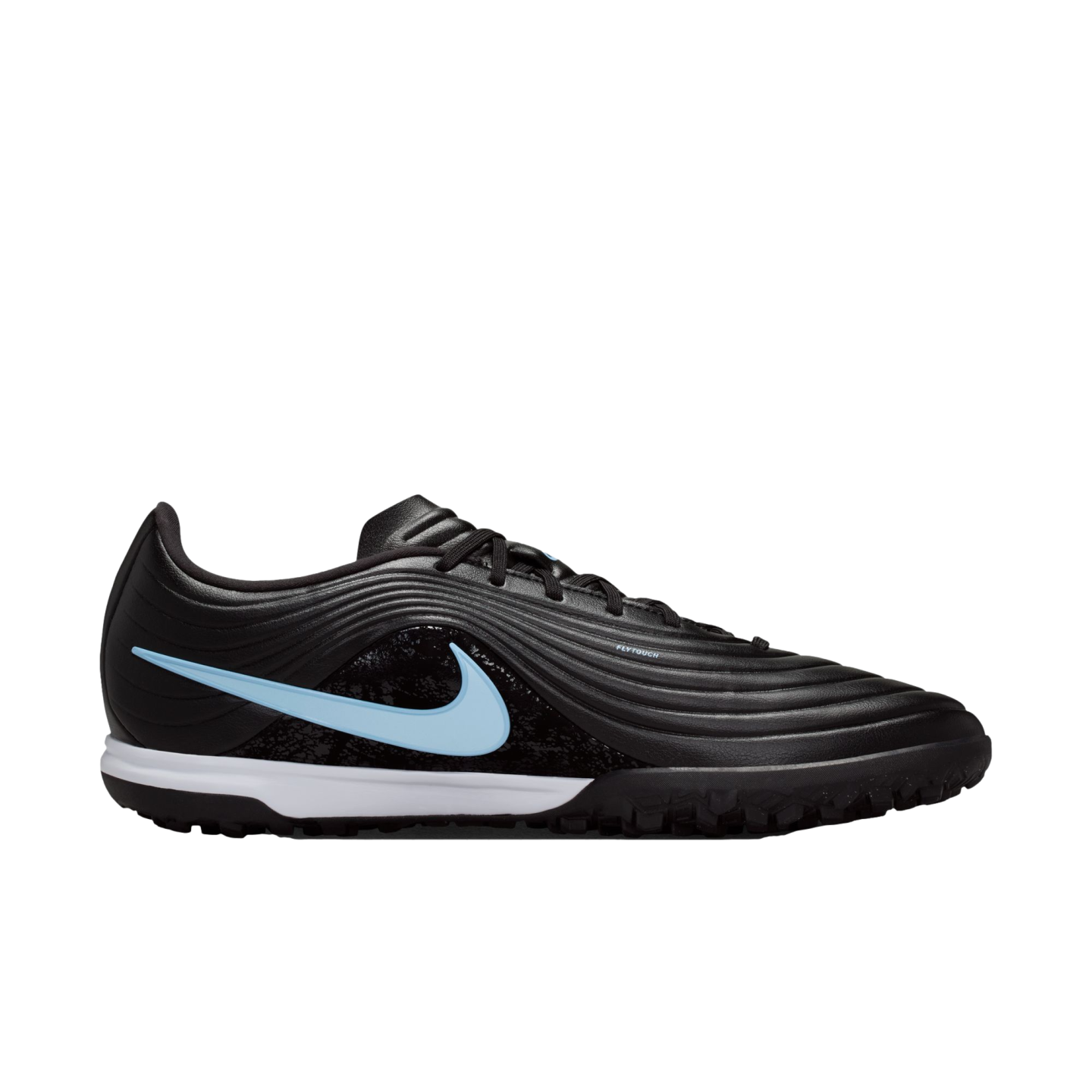 A side profile of a black Nike turf soccer shoe with a light blue swoosh, white midsole, and rippled upper texture, set against a black background.