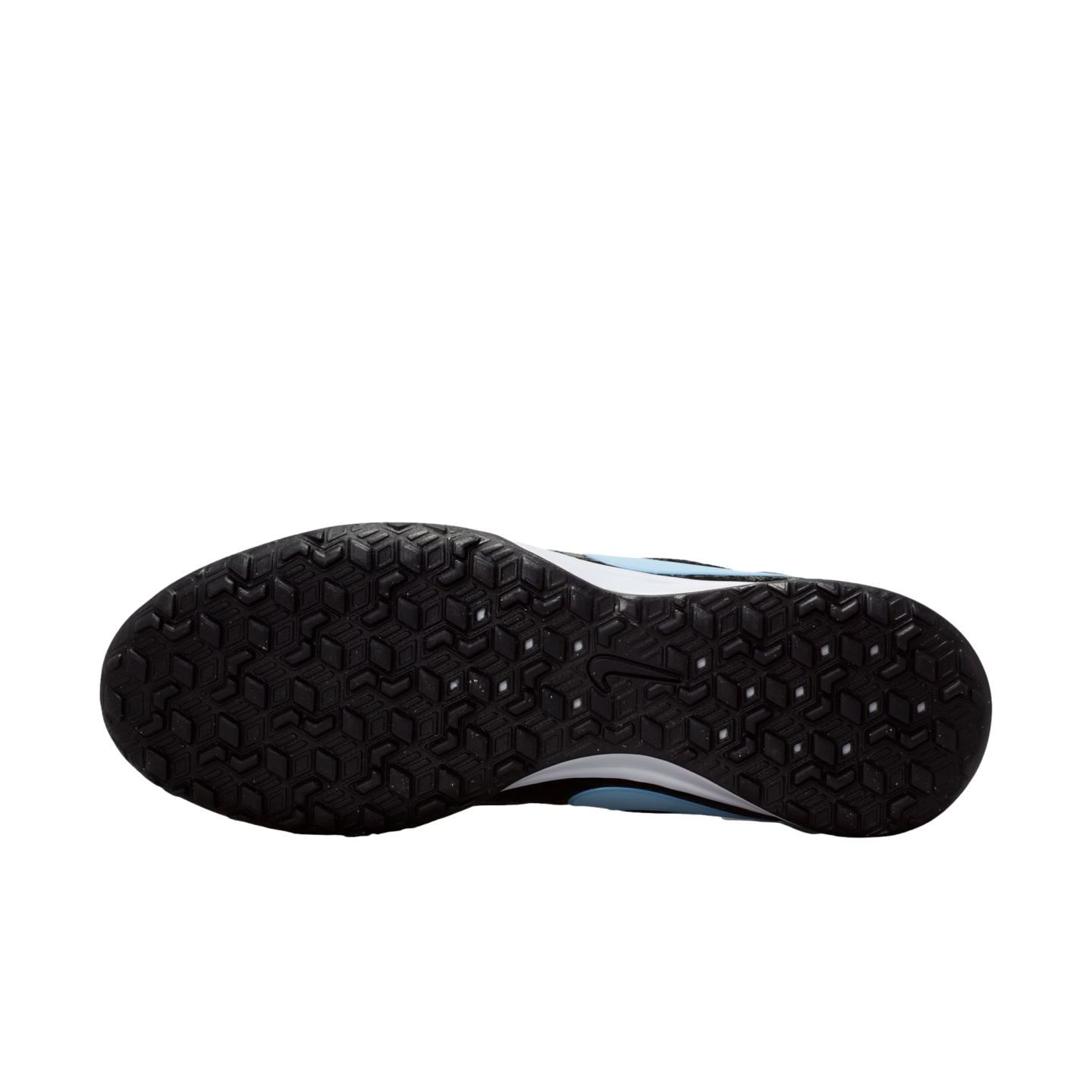 A close-up view of the black, textured rubber outsole of a Nike shoe against a black background, featuring small white speckles and a Nike swoosh logo.