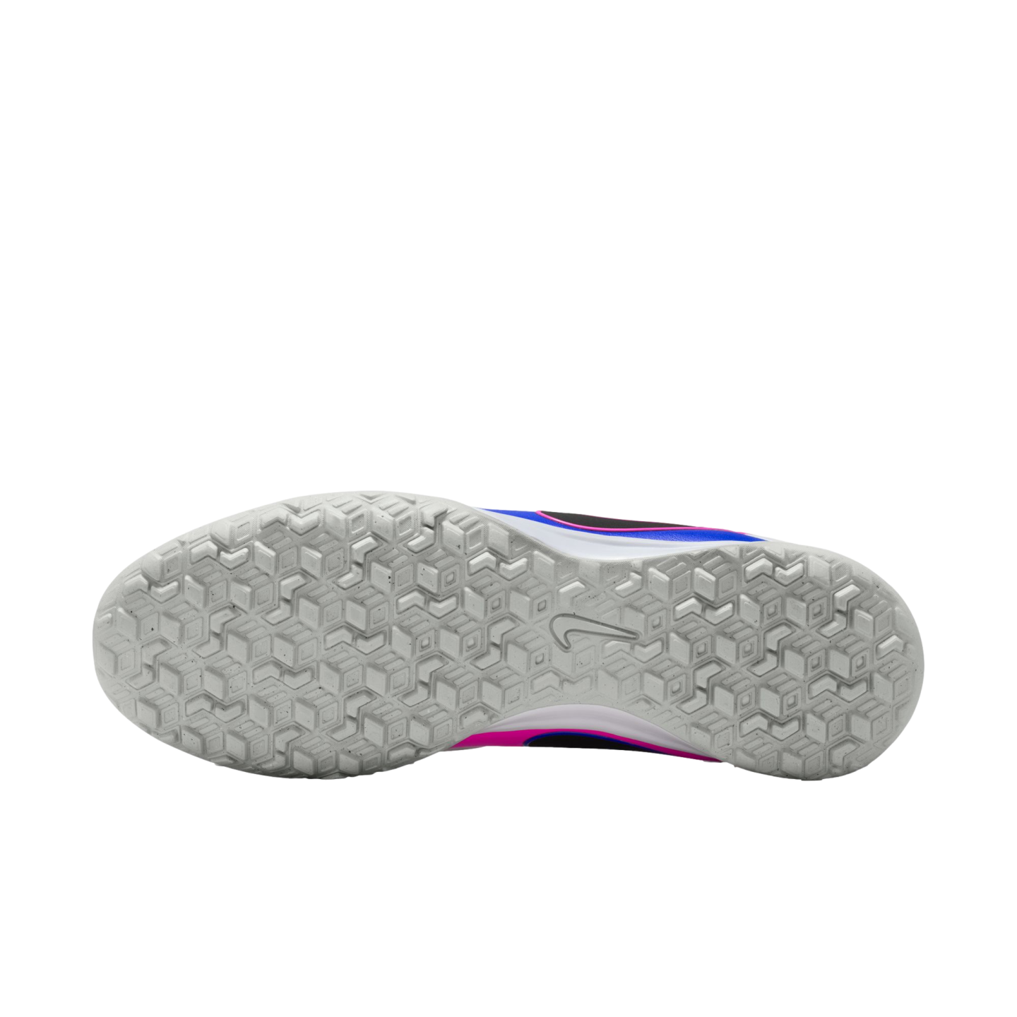 Light grey Nike shoe outsole with a geometric traction pattern, silver swoosh, and blue and pink side accents, on a black background.
