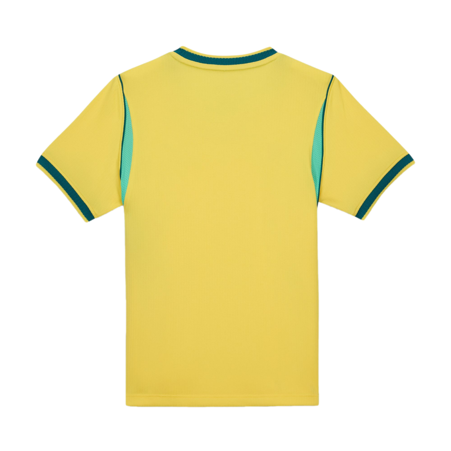 A rear view of a yellow short-sleeved t-shirt with dark green ribbing around the crew neckline and sleeve cuffs. It features light teal mesh panels along the sides under the sleeves. The shirt is shown flat against a solid black background.