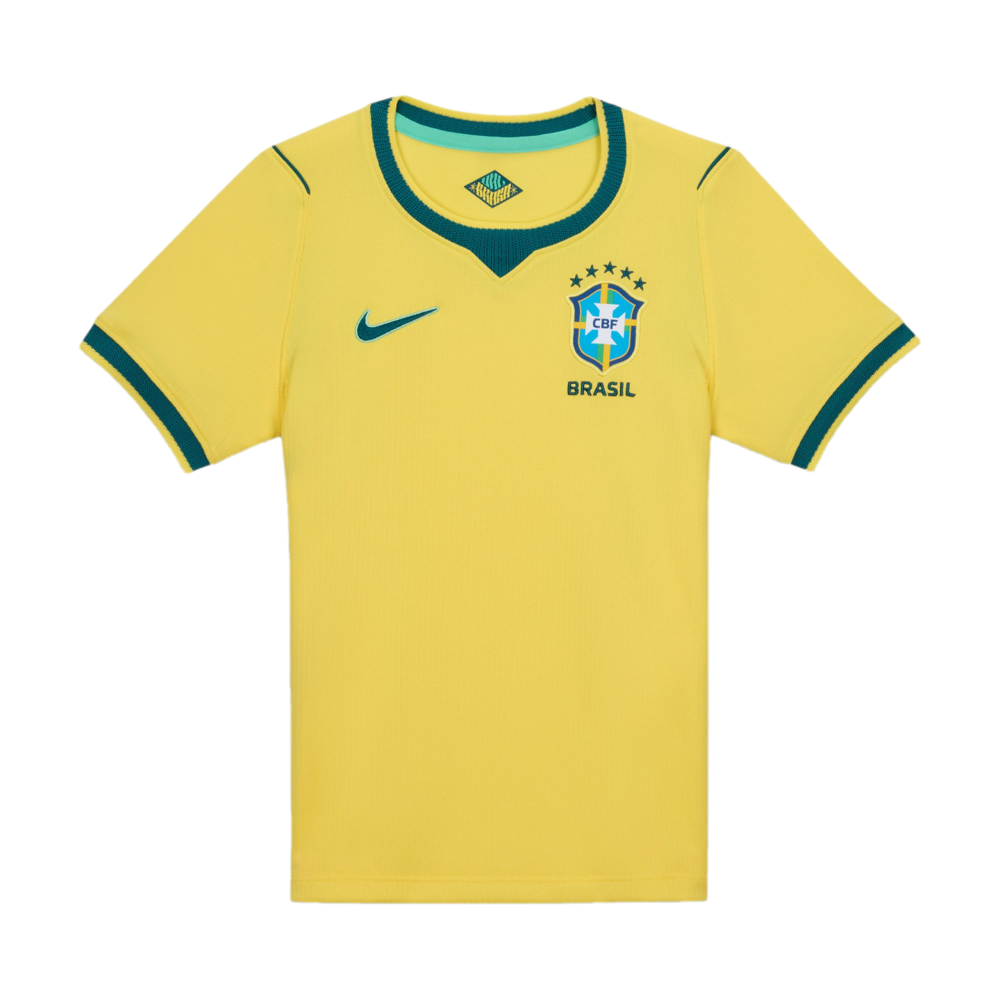 A yellow short-sleeve Nike soccer jersey for the Brazil national team with green trim on the collar and sleeve cuffs, featuring the Brazil team crest and a green Nike swoosh on the chest.