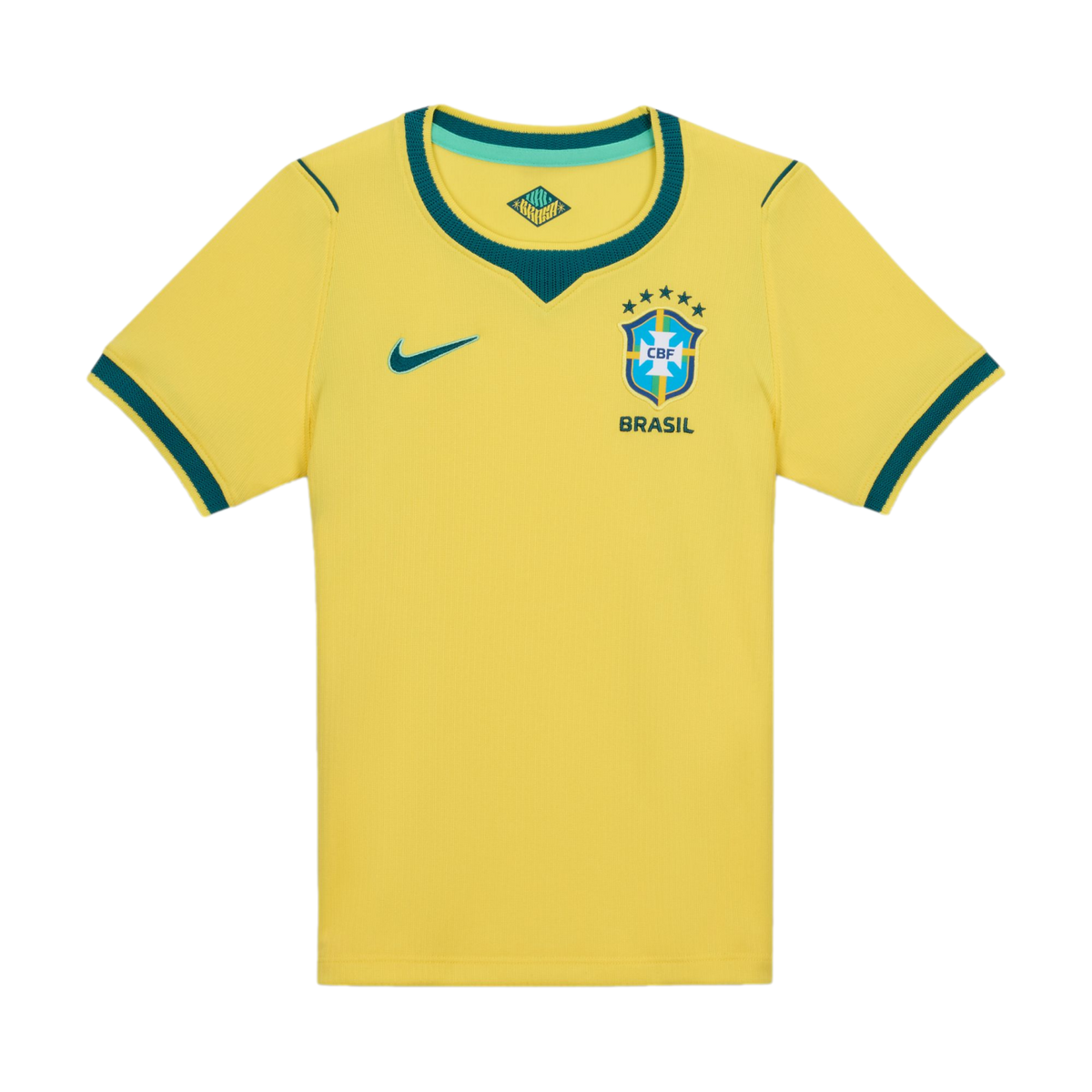 A yellow short-sleeve Nike soccer jersey for the Brazil national team with green trim on the collar and sleeve cuffs, featuring the Brazil team crest and a green Nike swoosh on the chest.