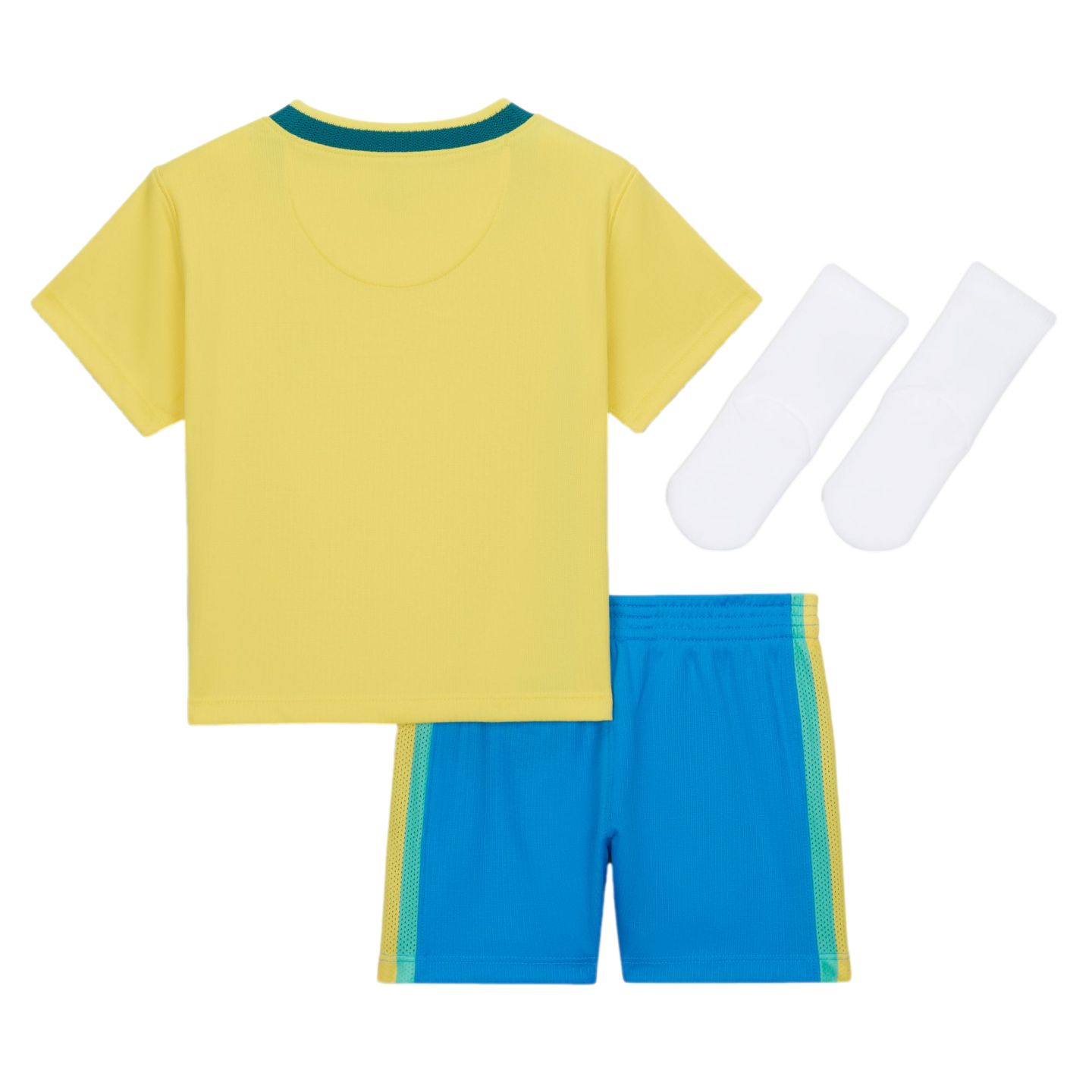 A flat lay of a children's sports uniform against a black background, featuring a yellow short-sleeved jersey with a teal collar, bright blue shorts with teal and yellow side stripes, and a pair of white socks.