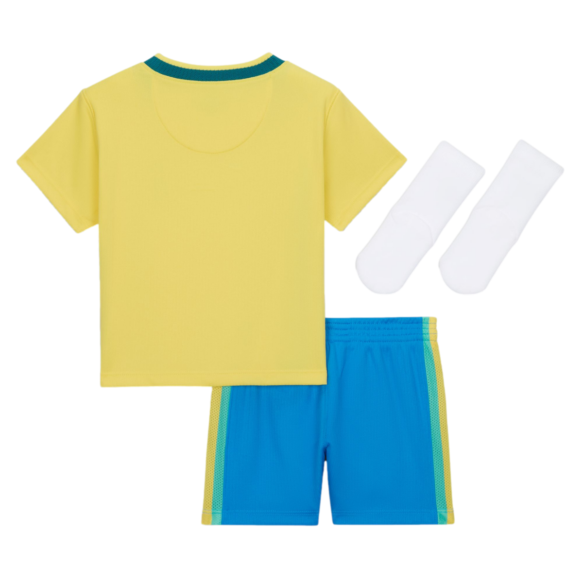A flat lay of a children's sports uniform against a black background, featuring a yellow short-sleeved jersey with a teal collar, bright blue shorts with teal and yellow side stripes, and a pair of white socks.