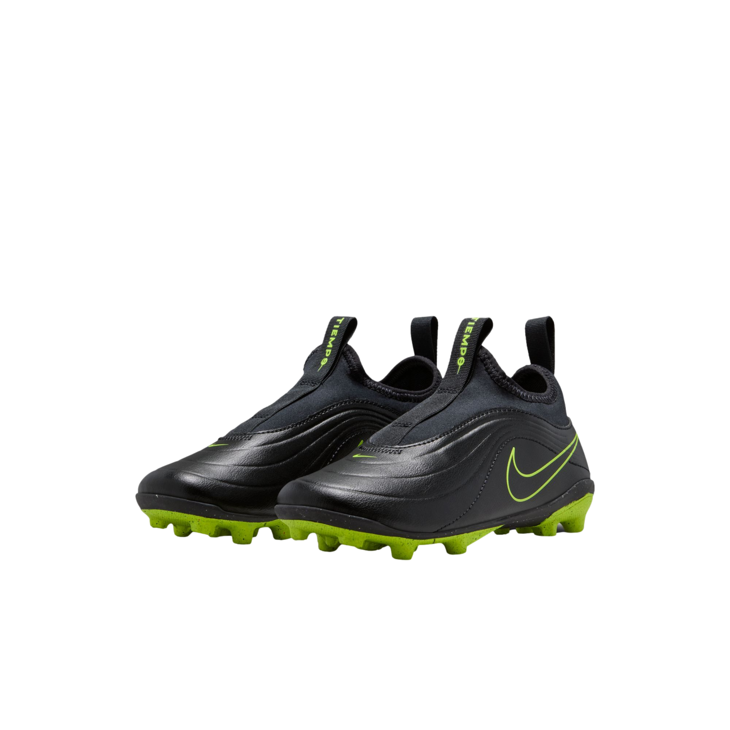 A pair of black, laceless Nike Tiempo soccer cleats with neon green accents, including the Nike swoosh and studded outsole, displayed against a black background.