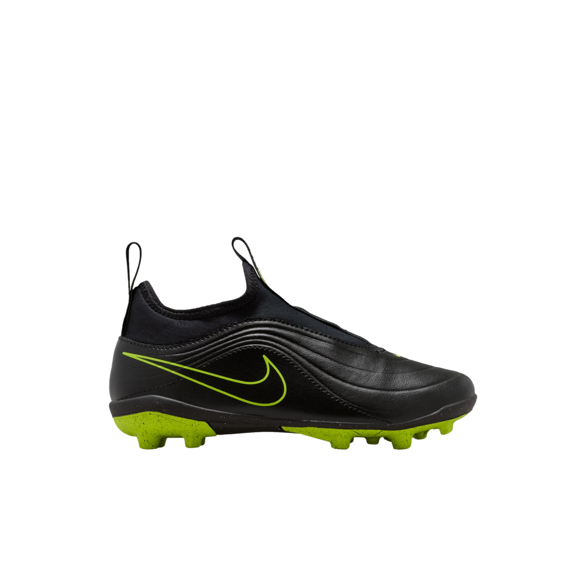 A side profile of a black and neon green Nike soccer cleat against a black background. The shoe features a laceless, slip-on design with a high, sock-like collar and pull tabs at the heel and tongue. A large neon green Nike swoosh is displayed on the side