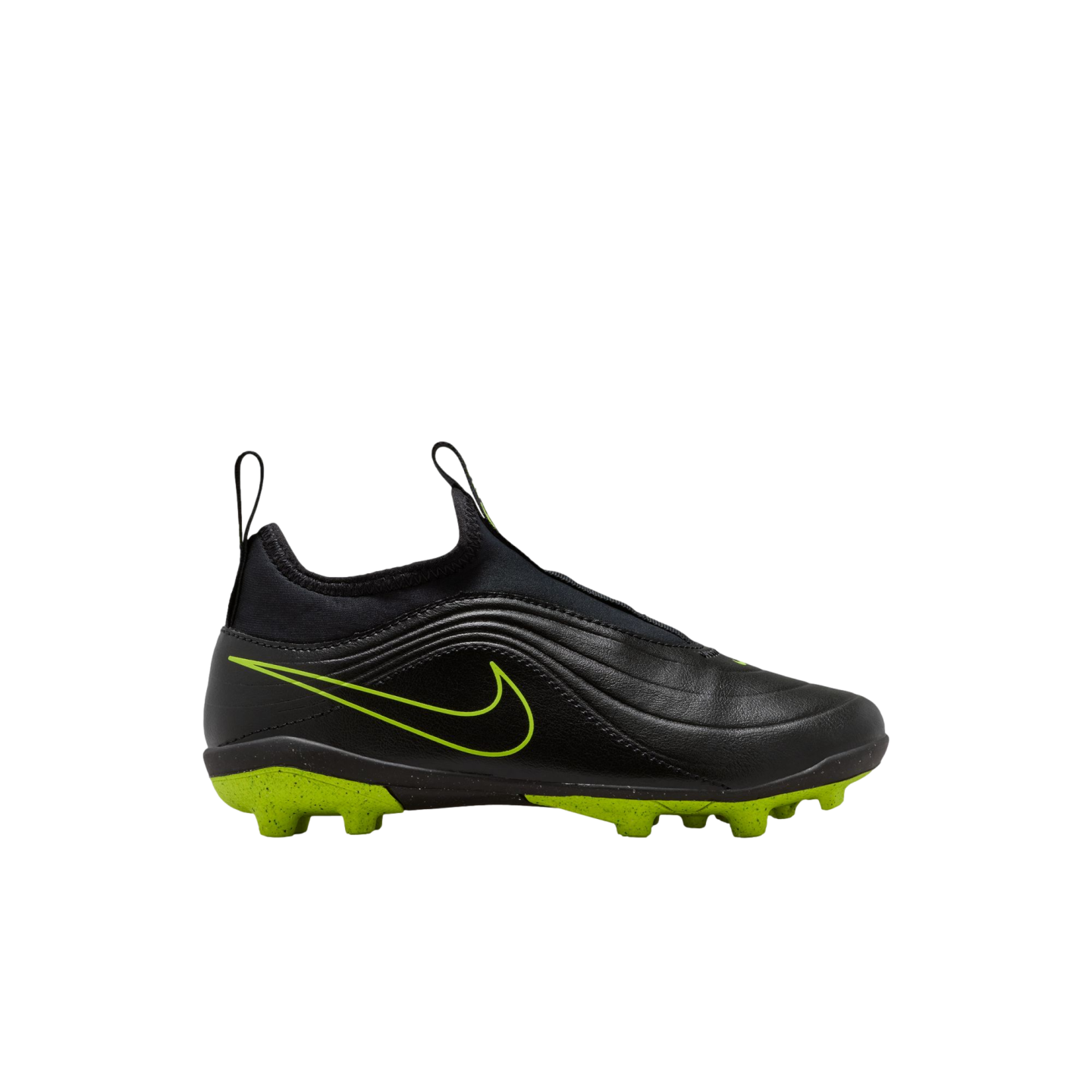 A side profile of a black and neon green Nike soccer cleat against a black background. The shoe features a laceless, slip-on design with a high, sock-like collar and pull tabs at the heel and tongue. A large neon green Nike swoosh is displayed on the side
