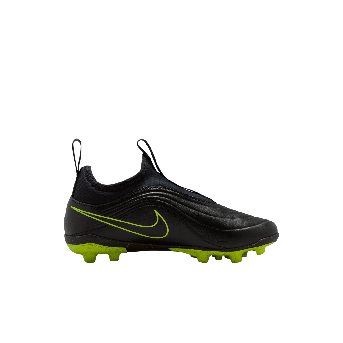 A side-view profile of a black Nike laceless soccer cleat with a lime green swoosh and lime green studded sole, set against a black background.