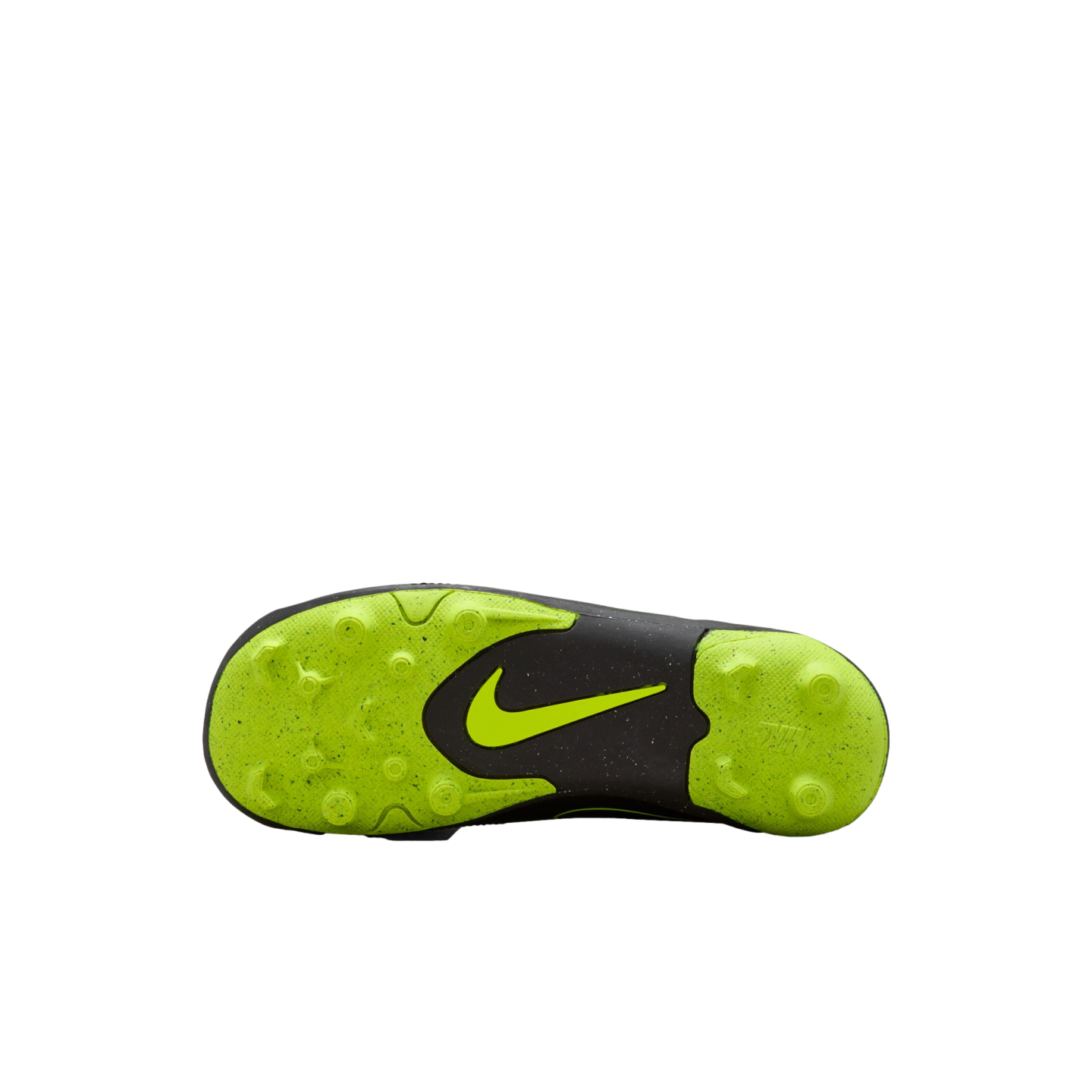 The underside of a Nike soccer cleat with a neon green and black studded sole, set against a black background. A neon green swoosh is centered on the black midfoot section.