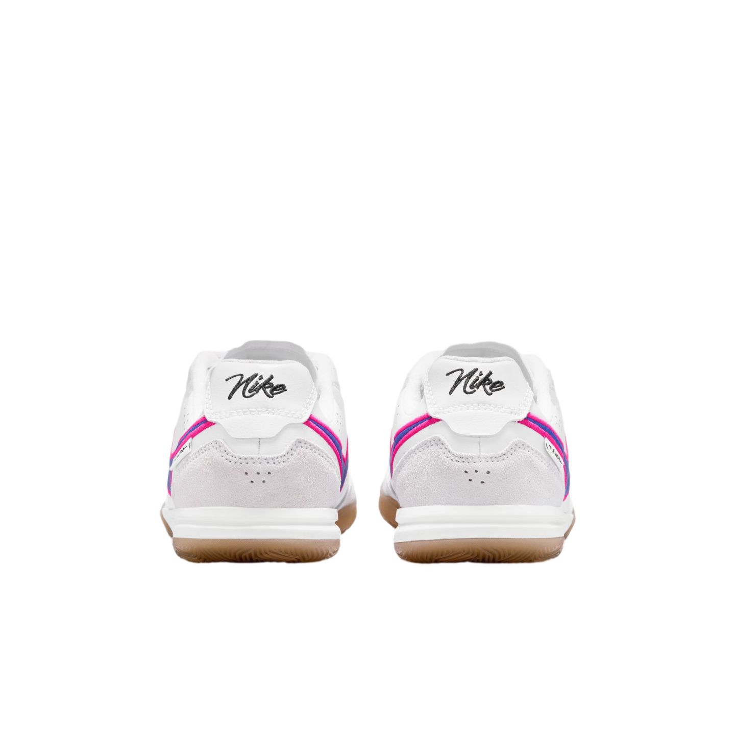 Rear view of white Nike sneakers with pink and blue accents, cursive heel logos, and gum outsoles against a black background.