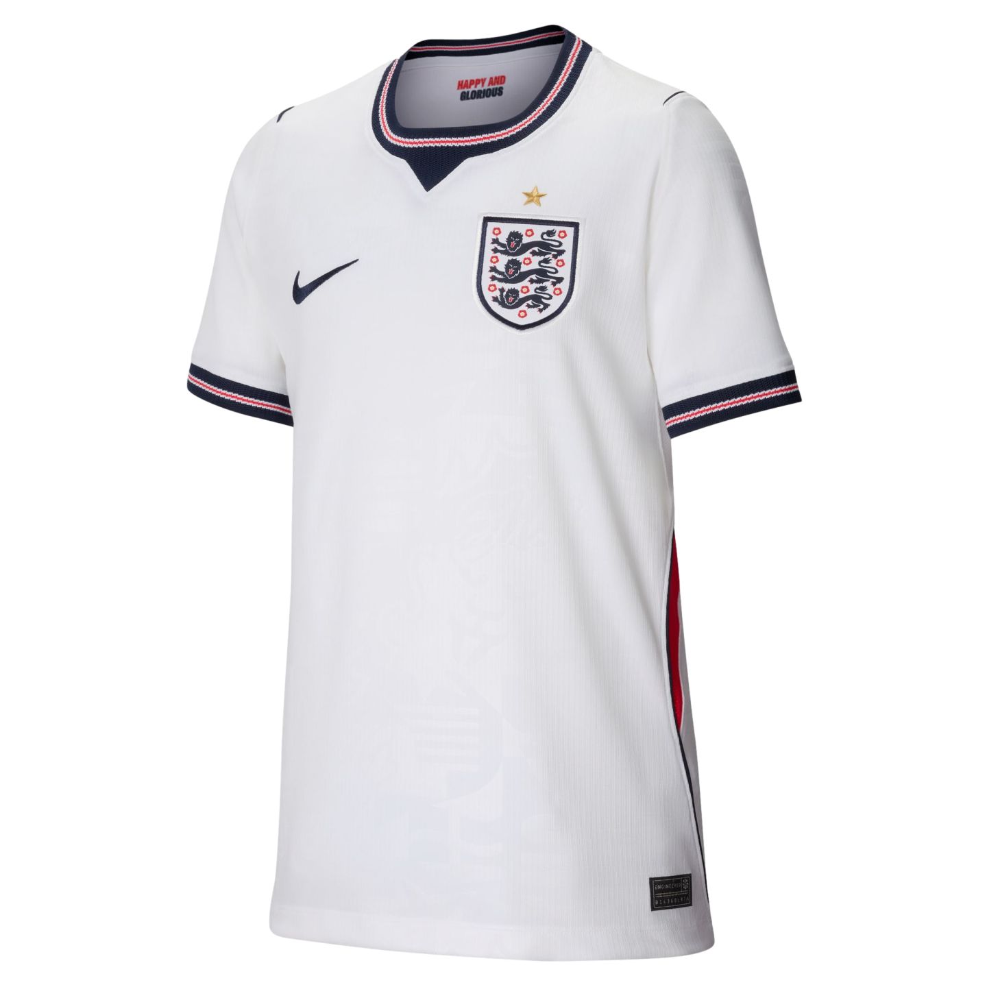 White England home football jersey by Nike featuring a central Three Lions crest with a gold star, and navy and red trim on the collar and sleeve cuffs.
