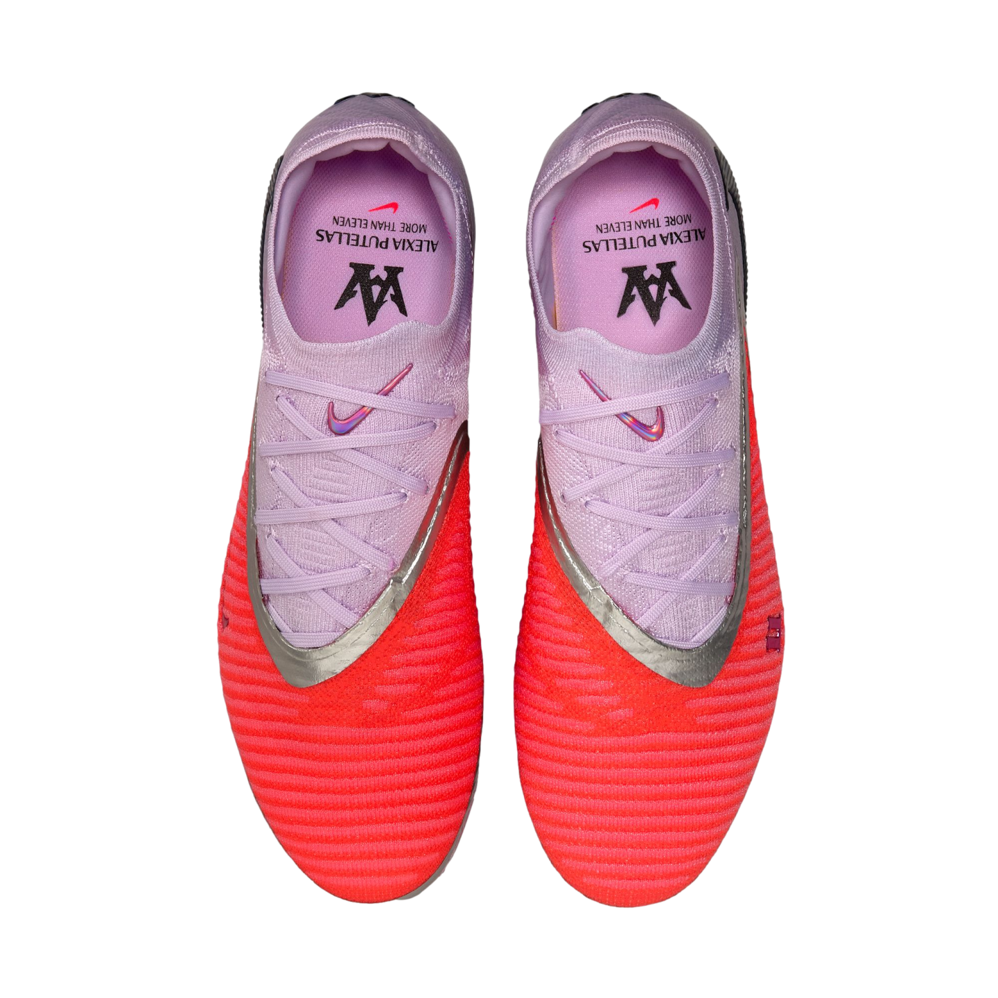 Top-down view of coral and lavender Nike soccer cleats. The lavender insoles feature "Alexia Putellas" text and a stylized logo.