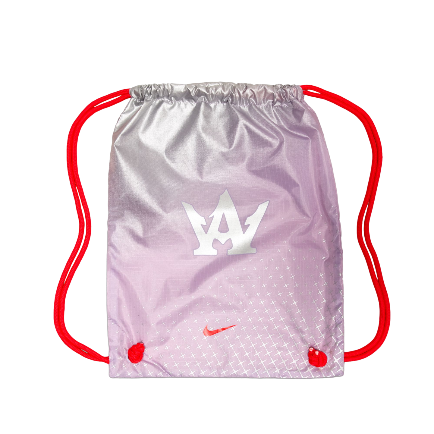 Metallic silver and pink gradient drawstring bag with red cords, featuring a large white crown logo and a small red Nike swoosh.