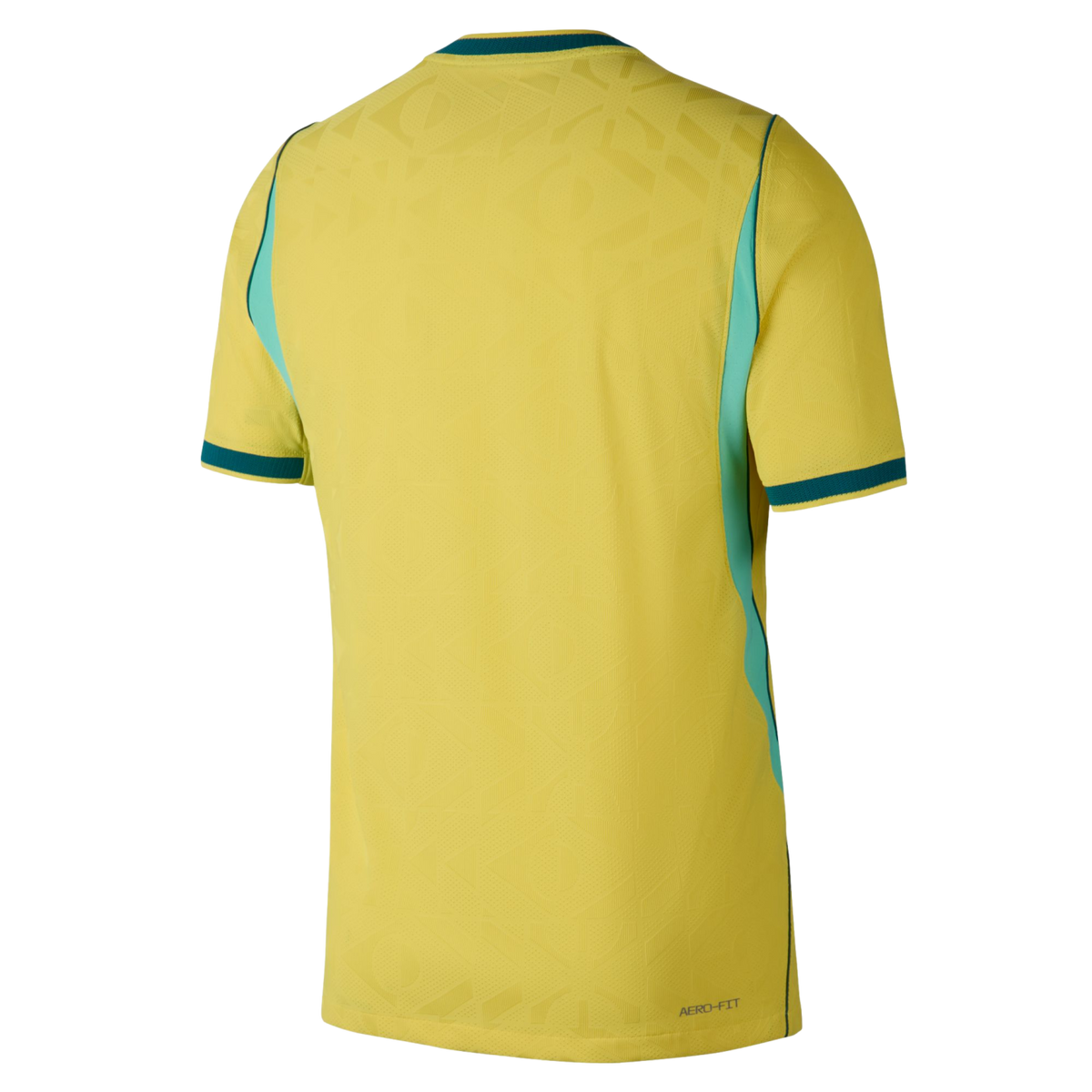 A back view of a short-sleeved yellow athletic jersey with teal and mint green accents on the side panels, collar, and cuffs. The fabric features a subtle tonal geometric pattern, and the words "AERO-FIT" are printed in small dark letters on the bottom ri