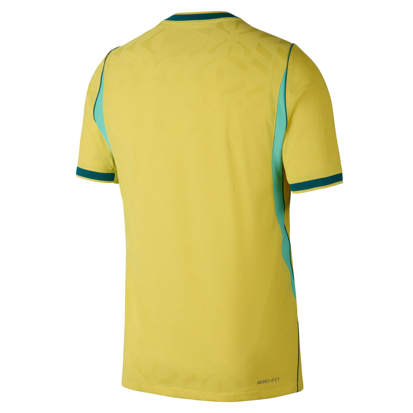 A back view of a short-sleeved yellow athletic jersey with teal and mint green accents on the side panels, collar, and cuffs. The fabric features a subtle tonal geometric pattern, and the words "AERO-FIT" are printed in small dark letters on the bottom ri