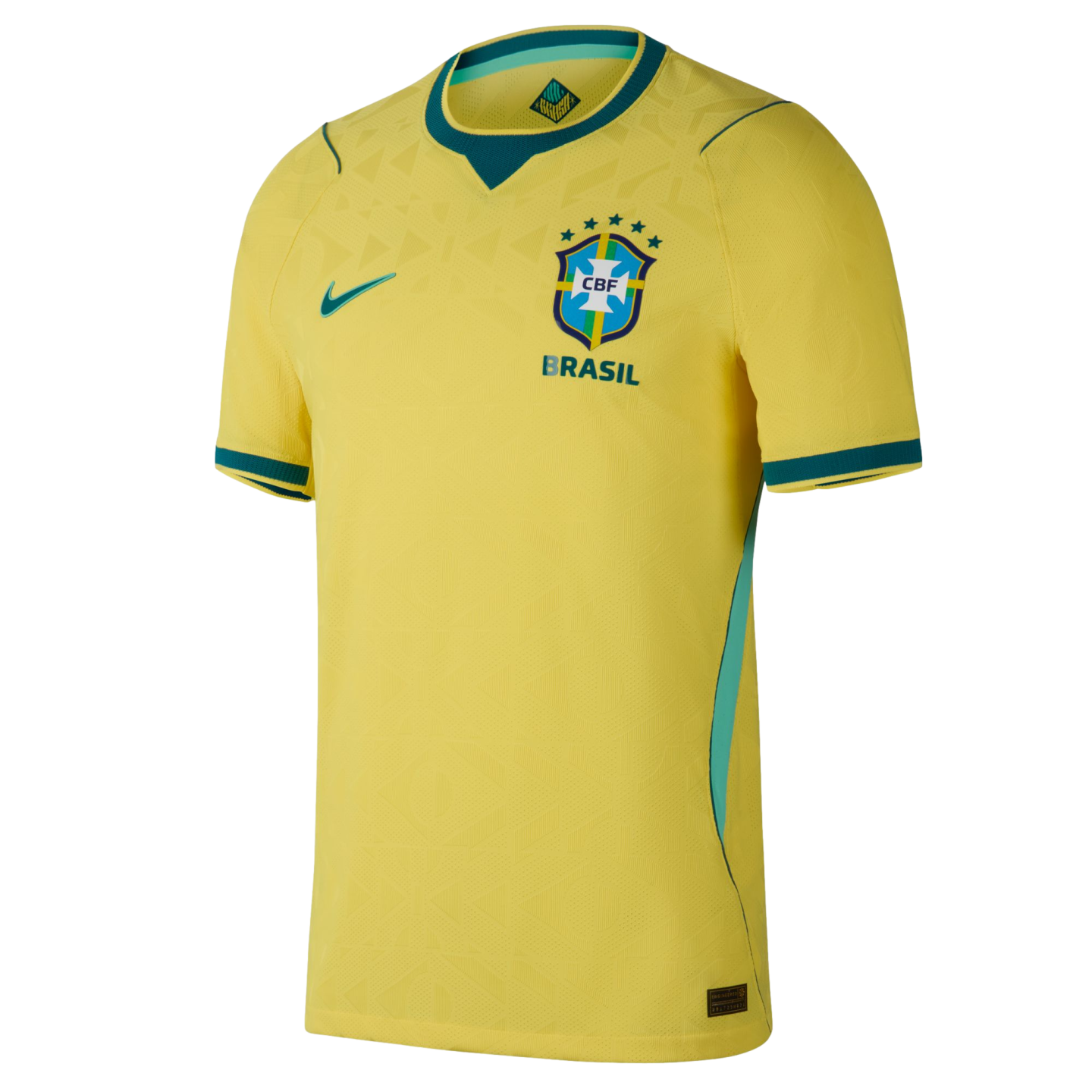 A bright yellow Brazil national football team home jersey by Nike, featuring a subtle geometric pattern, a teal Nike swoosh, and the CBF team crest on the chest.