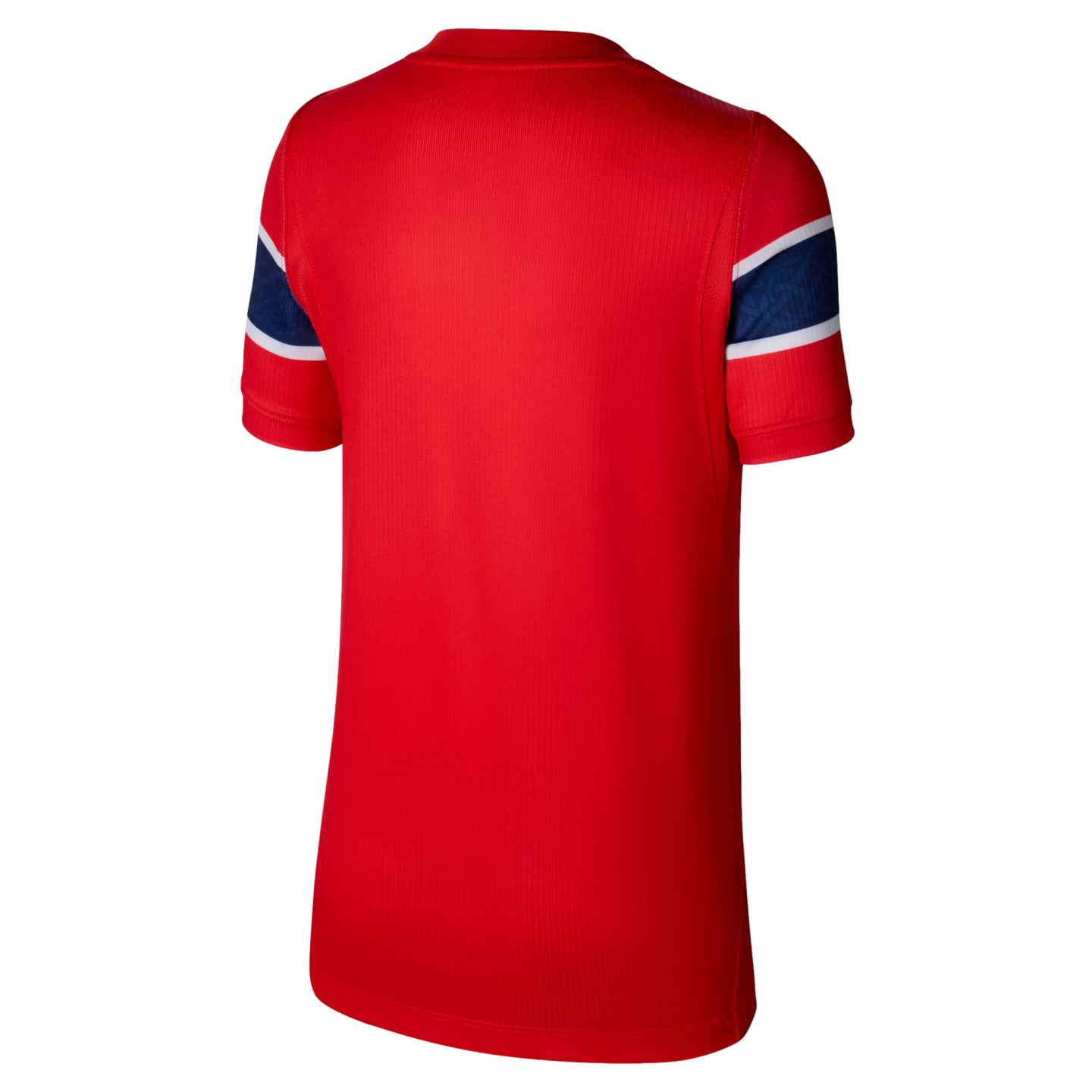 Back view of a red short-sleeved jersey displayed against a solid black background. The shirt features a subtle vertical-striped texture in the fabric. Each sleeve is detailed with a wide horizontal blue band that contains a tonal pattern, bordered by thi