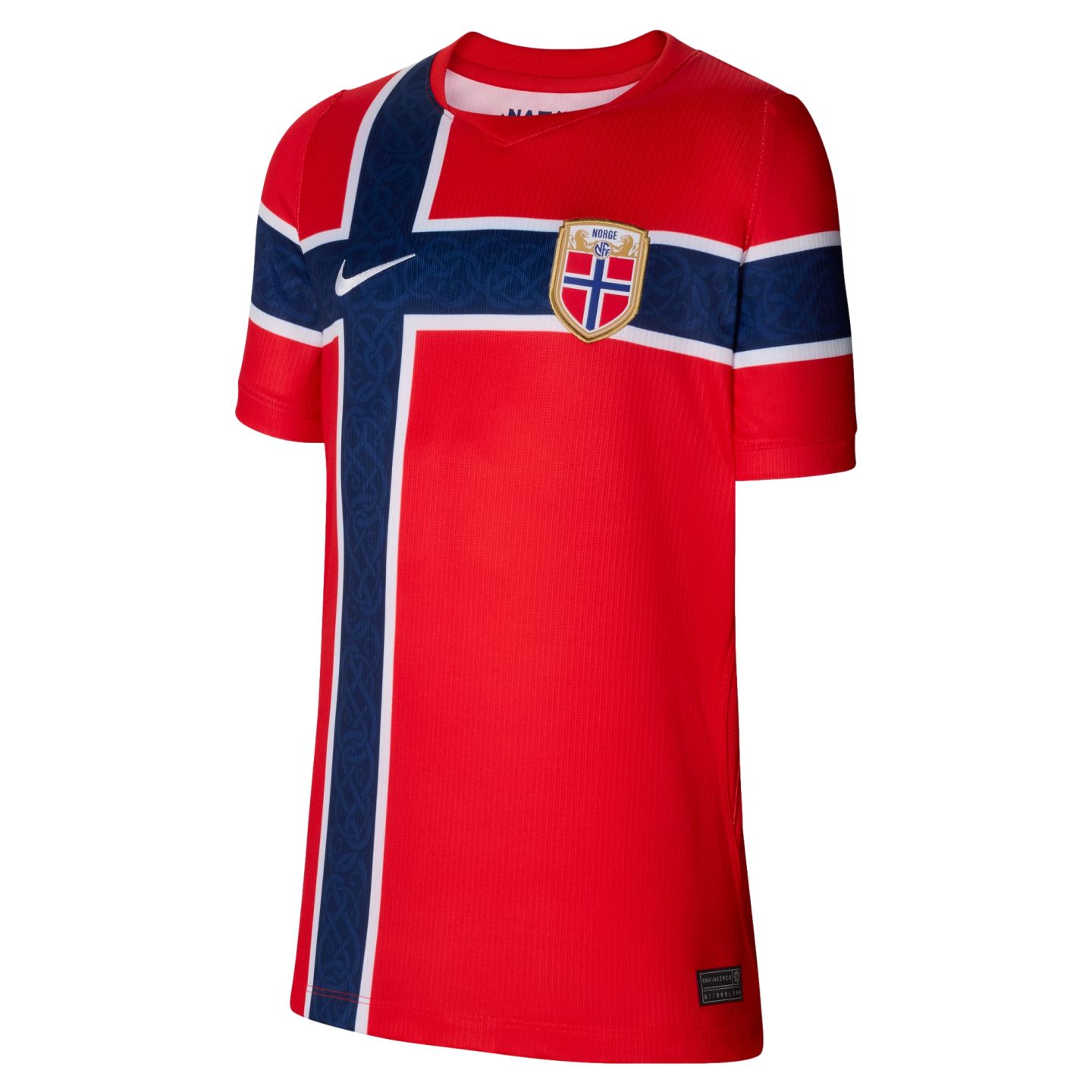 A red Nike Norway national team home football jersey shown against a black background. The front features a large navy blue cross with white borders, echoing the Norwegian flag's design. The blue areas of the cross have a subtle, intricate pattern. A whit