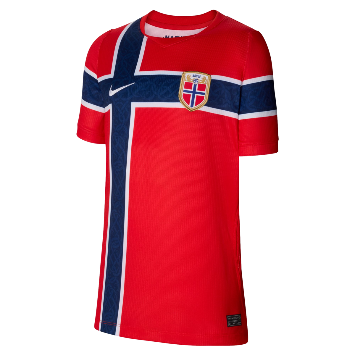 A red Nike Norway national team home football jersey shown against a black background. The front features a large navy blue cross with white borders, echoing the Norwegian flag's design. The blue areas of the cross have a subtle, intricate pattern. A whit