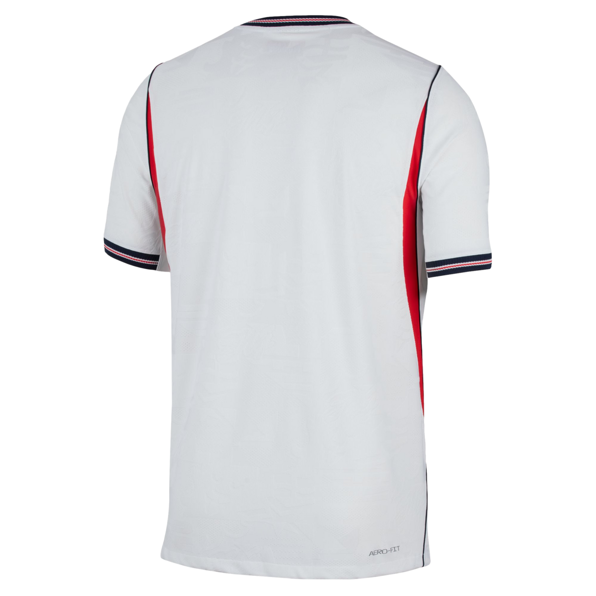 A back view of a white, short-sleeved athletic jersey with red vertical stripes on the sides, navy and red trim on the collar and cuffs, and "AERO-FIT" printed on the bottom right. The jersey is shown against a solid black background.
