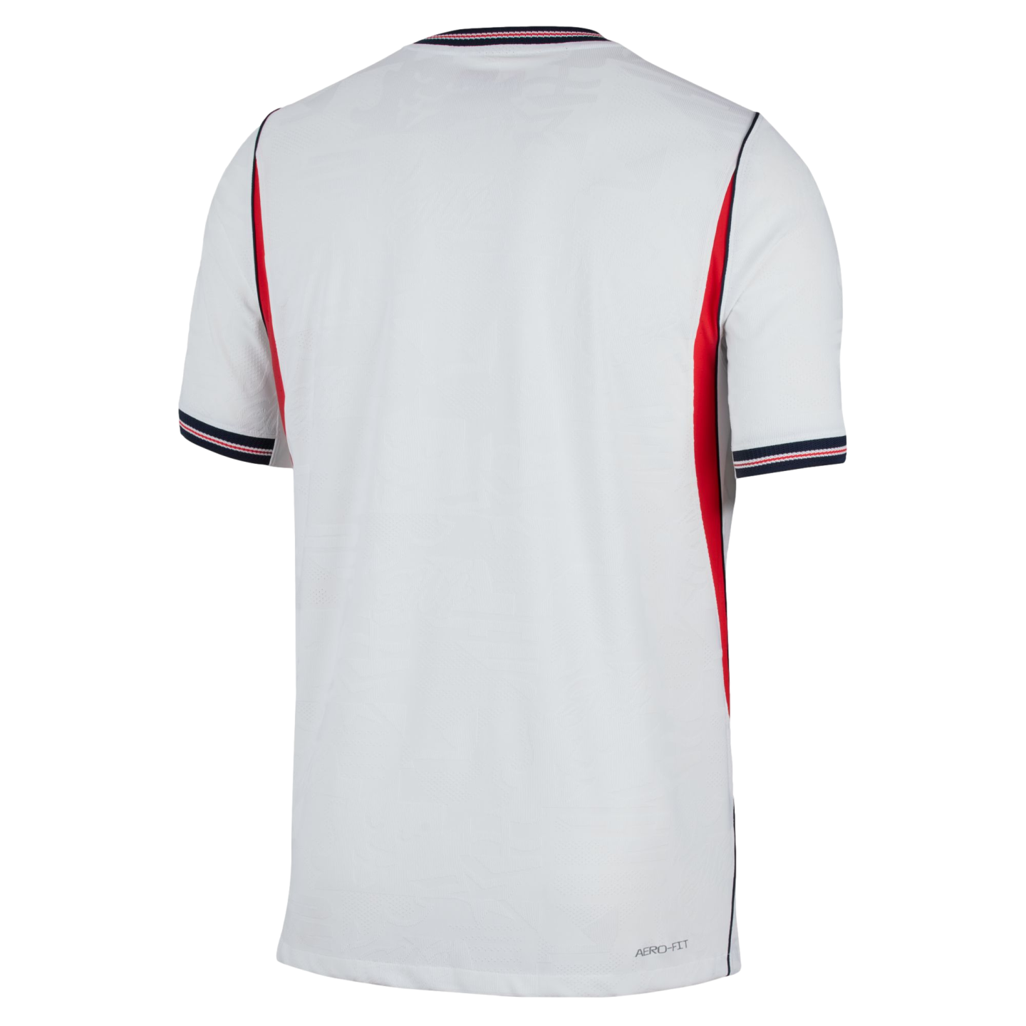 A back view of a white, short-sleeved athletic jersey with red vertical stripes on the sides, navy and red trim on the collar and cuffs, and "AERO-FIT" printed on the bottom right. The jersey is shown against a solid black background.