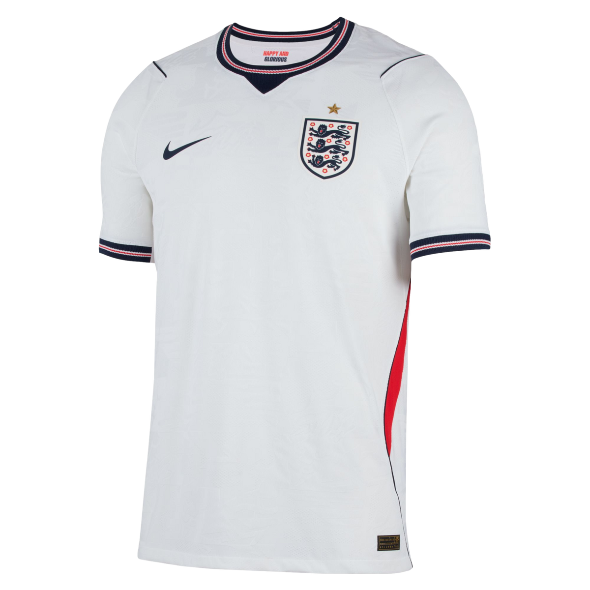 The front of a white short-sleeved England home football jersey. It features the England Three Lions crest on the chest with a single gold star above it, and a dark blue Nike swoosh on the opposite side. The V-neck and sleeve cuffs have dark blue, red, an