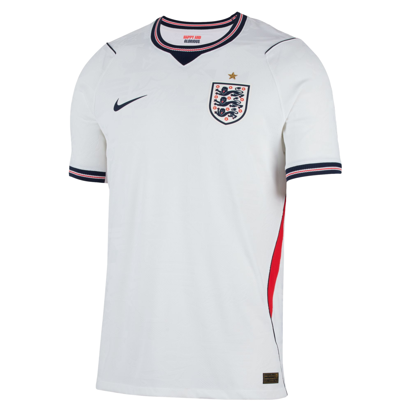 The front of a white short-sleeved England home football jersey. It features the England Three Lions crest on the chest with a single gold star above it, and a dark blue Nike swoosh on the opposite side. The V-neck and sleeve cuffs have dark blue, red, an