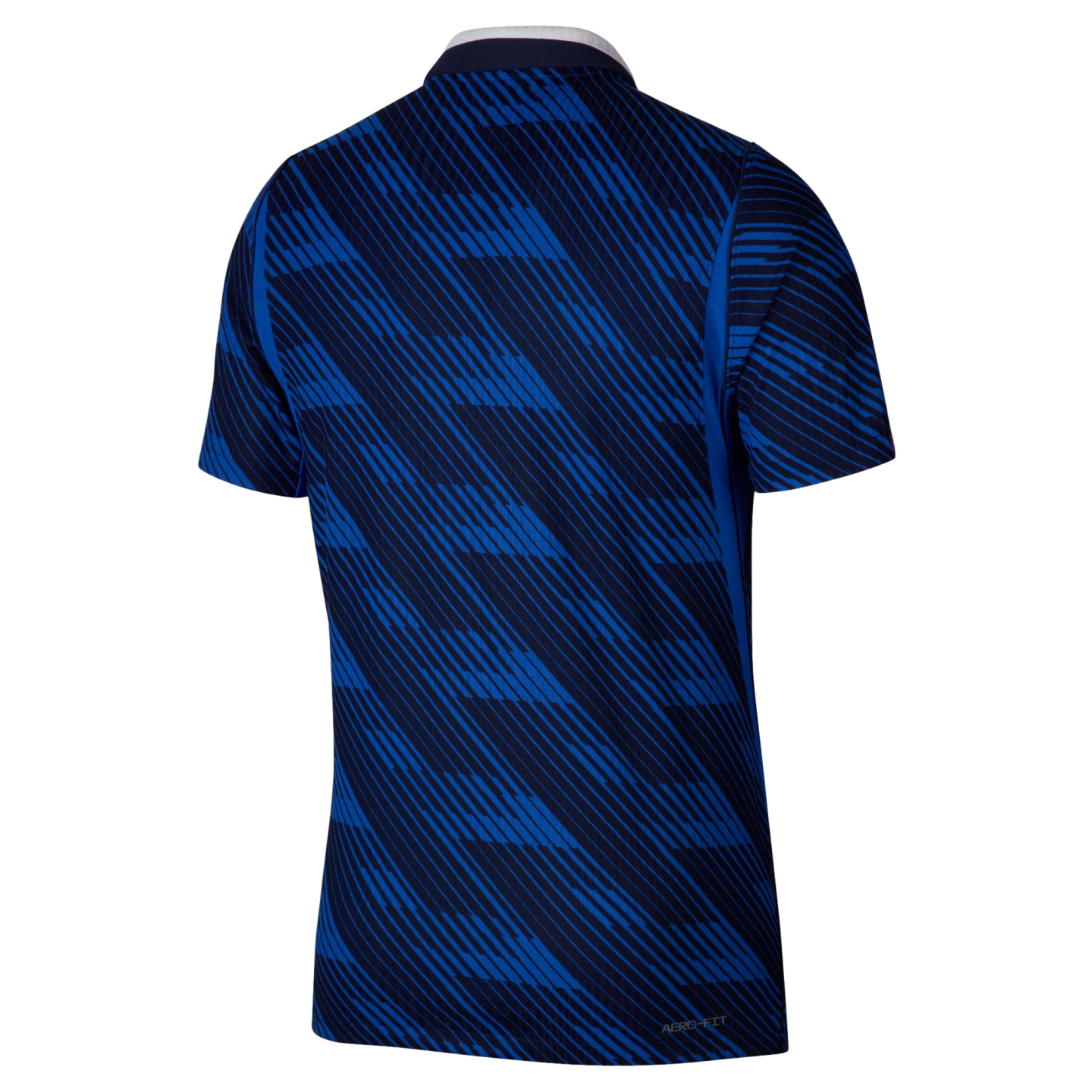Back view of a navy and bright blue sports jersey with a diagonal geometric pattern, short sleeves, and a dark collar. The text 'AERO-FIT' is printed on the bottom right hem.