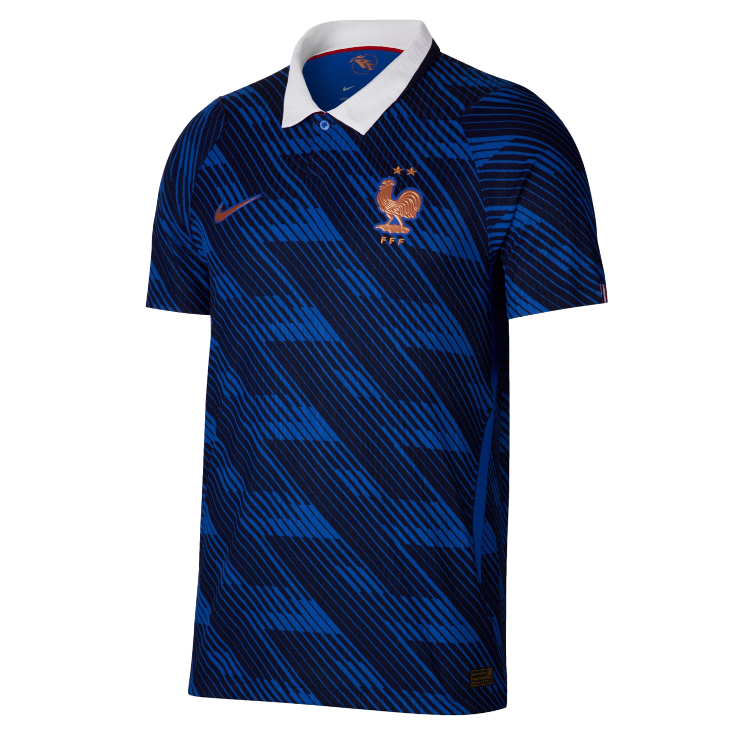 A blue France national soccer jersey featuring a white polo collar, gold crest and Nike logo, and a repeating diagonal line pattern.