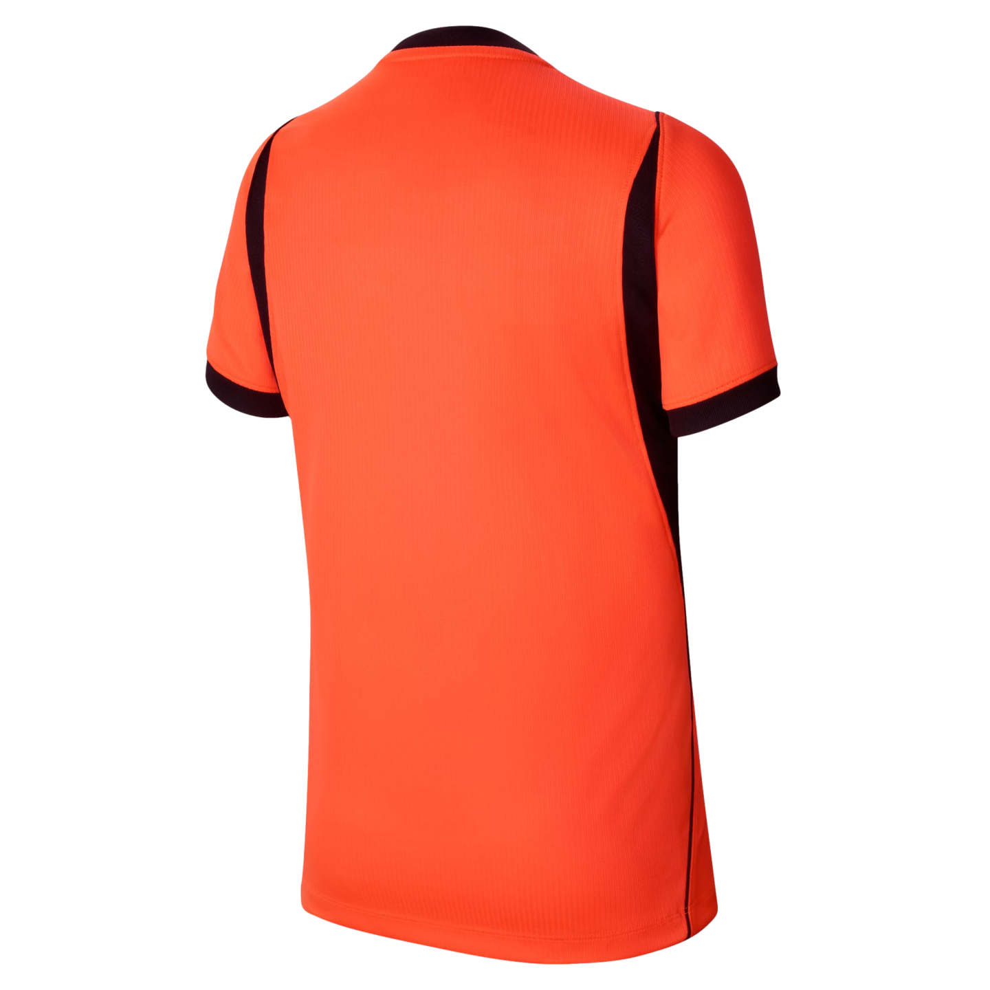 The back of a bright orange, short-sleeved athletic jersey shown against a black background. The jersey features black trim on the sleeve cuffs and black panels along the sides that taper up toward the shoulders. The fabric has a subtle vertical ribbed te