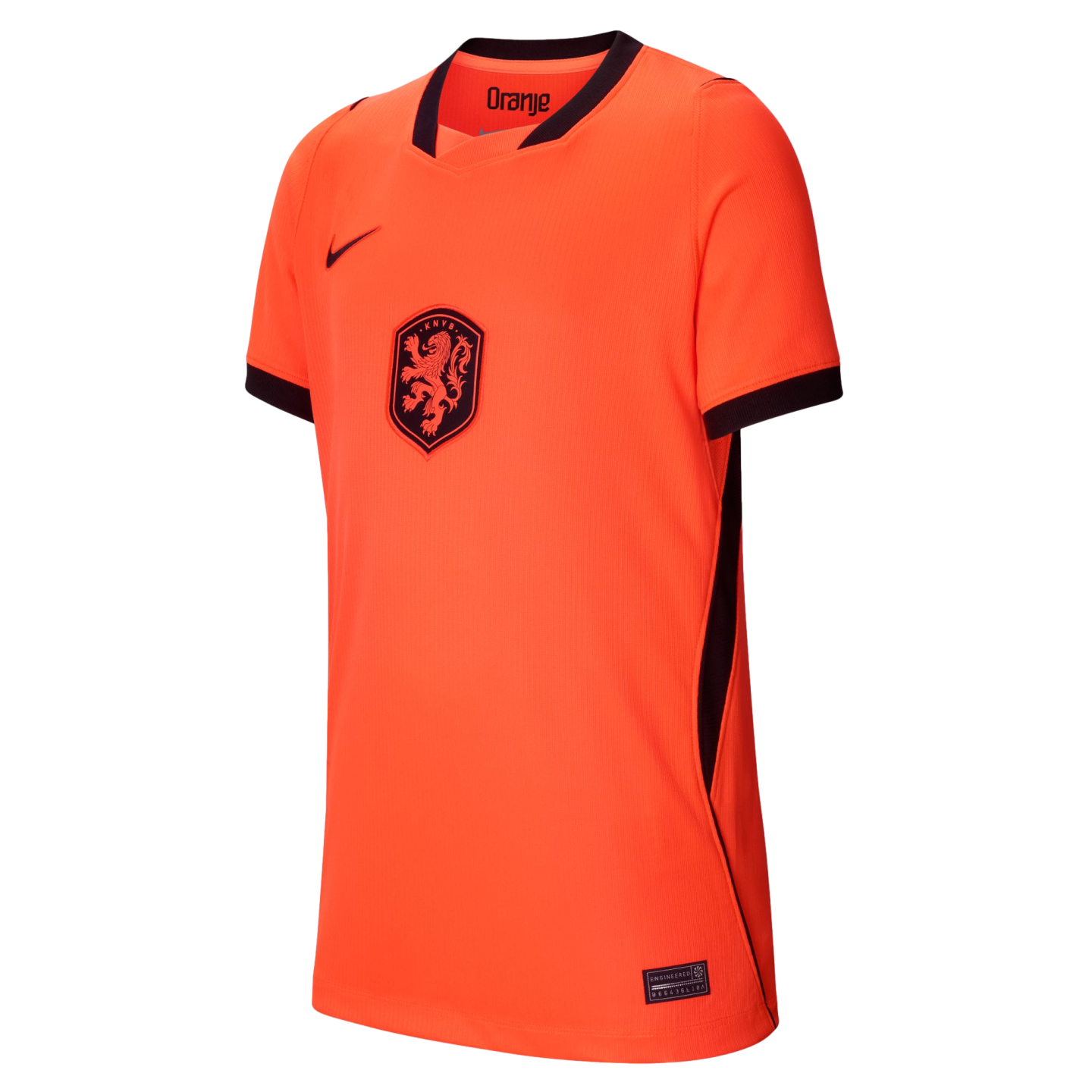 A bright orange Nike soccer jersey for the Netherlands national team, featuring a black v-neck collar, black sleeve cuffs, and a black KNVB crest with an orange lion in the center of the chest.